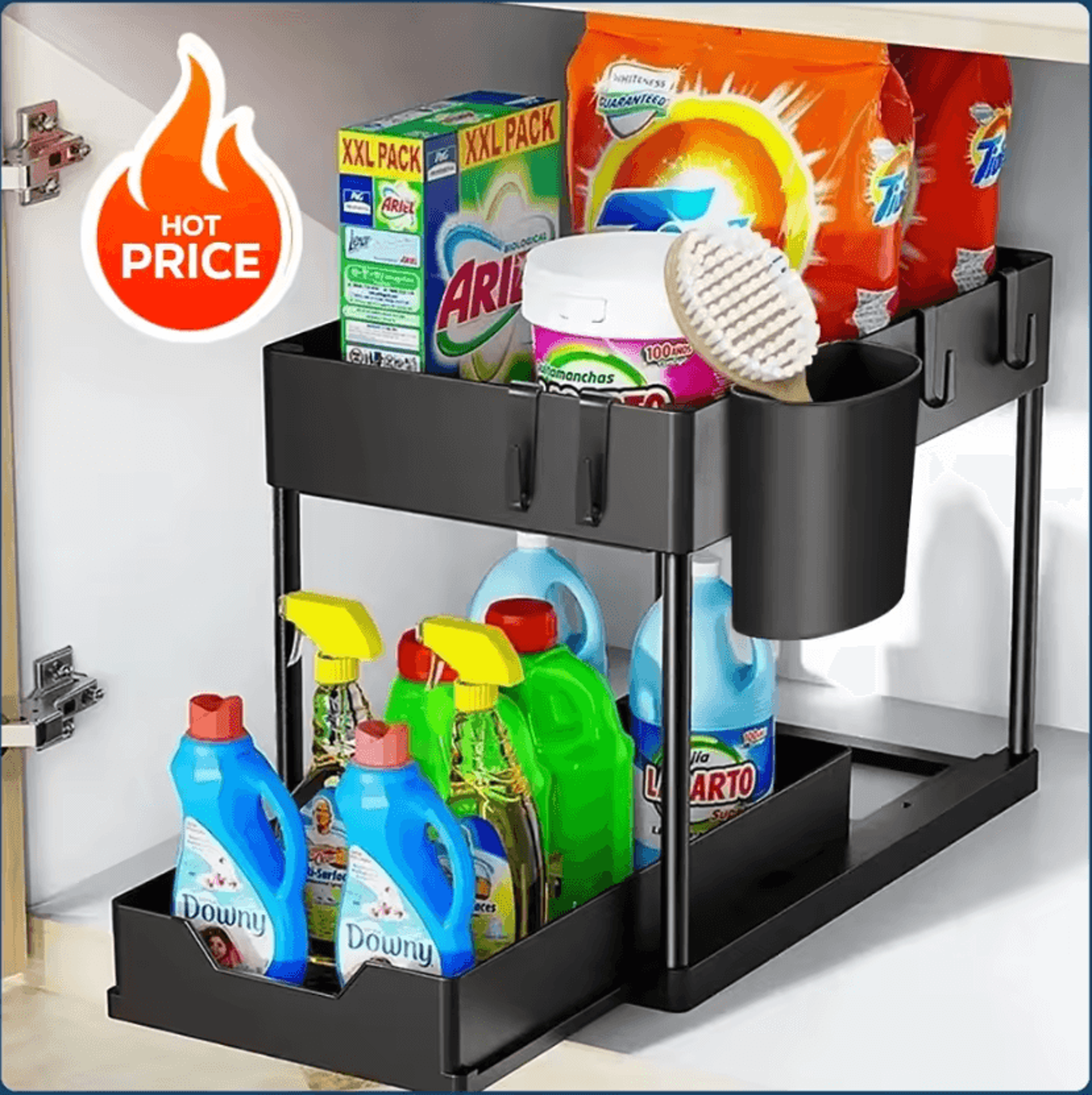 2Tier Sliding Under Sink Organizer With Hooks For Kitchen  Bathroom Storage 2
