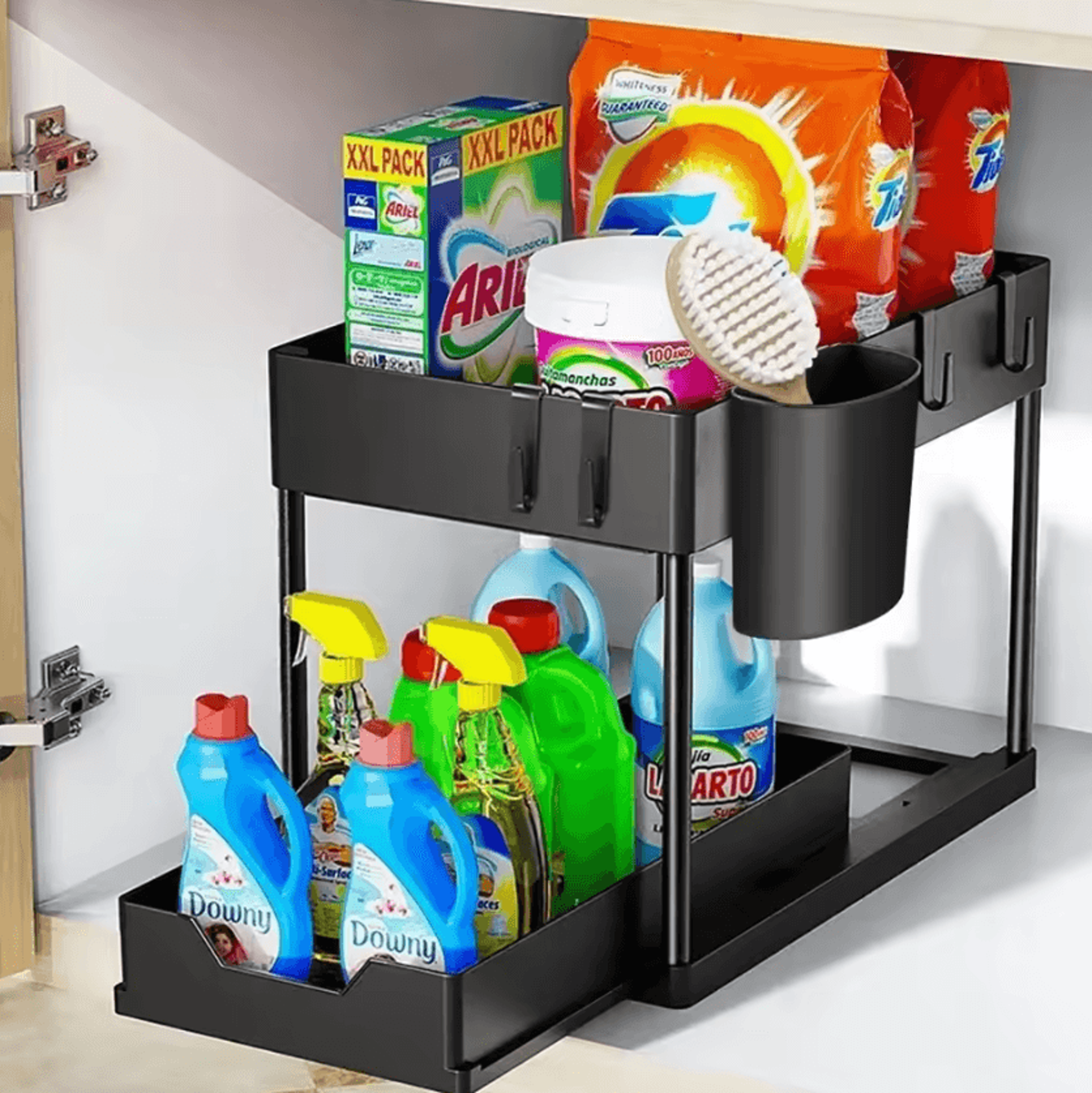 2Tier Sliding Under Sink Organizer With Hooks For Kitchen  Bathroom Storage 6