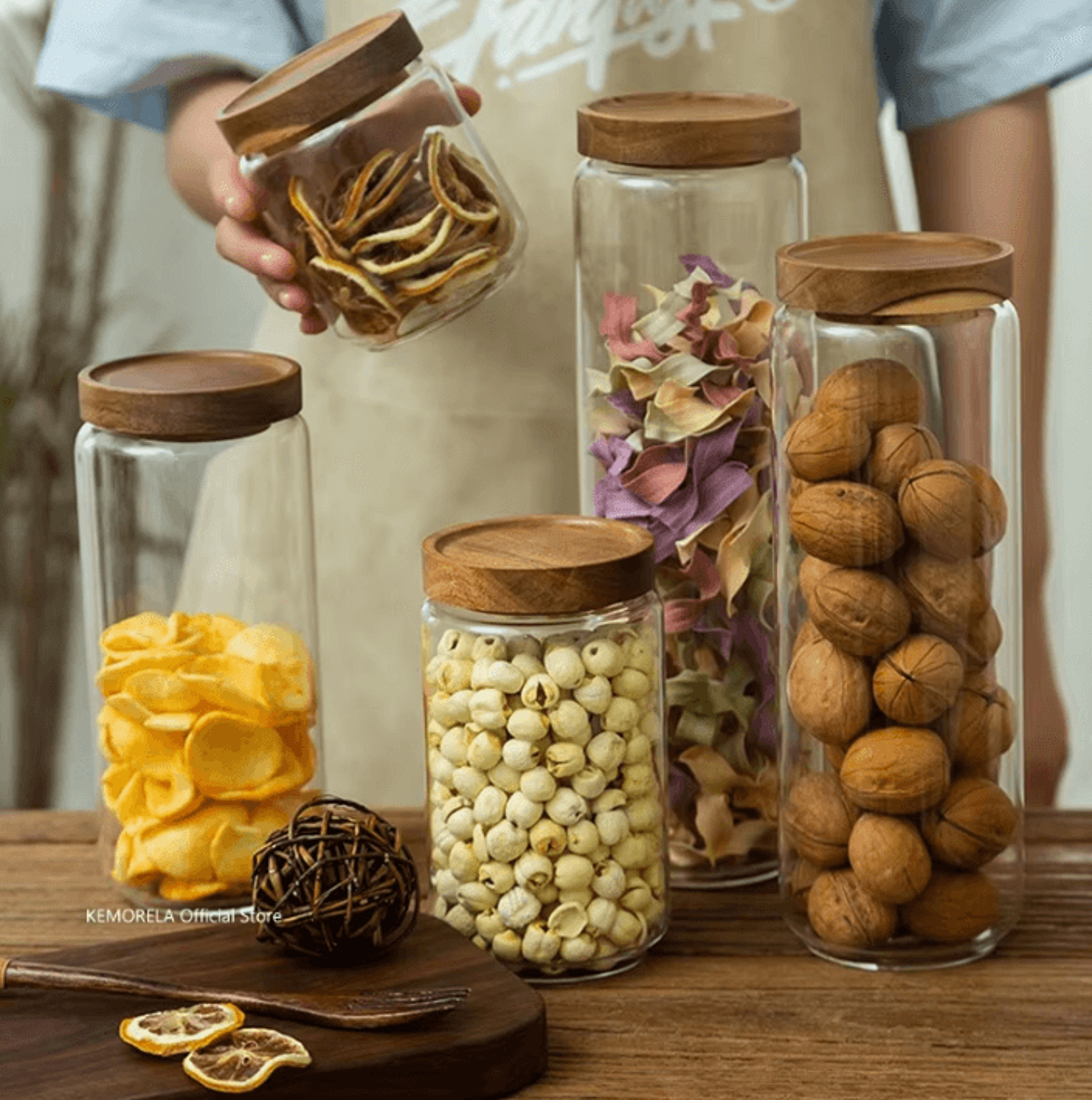 glass airtight storage jar with wooden lid for coffee, tea & pantry organization