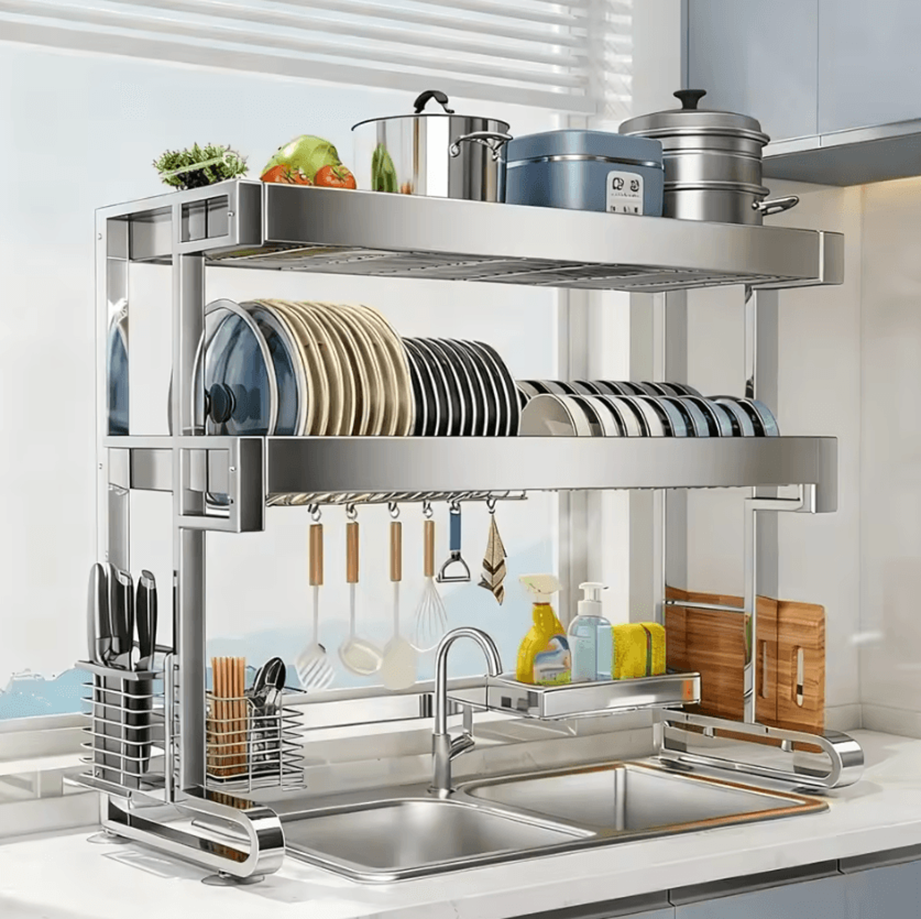 304 Stainless Steel Sink Dish Rack  MultiFunction Kitchen Drainer Organizer 6