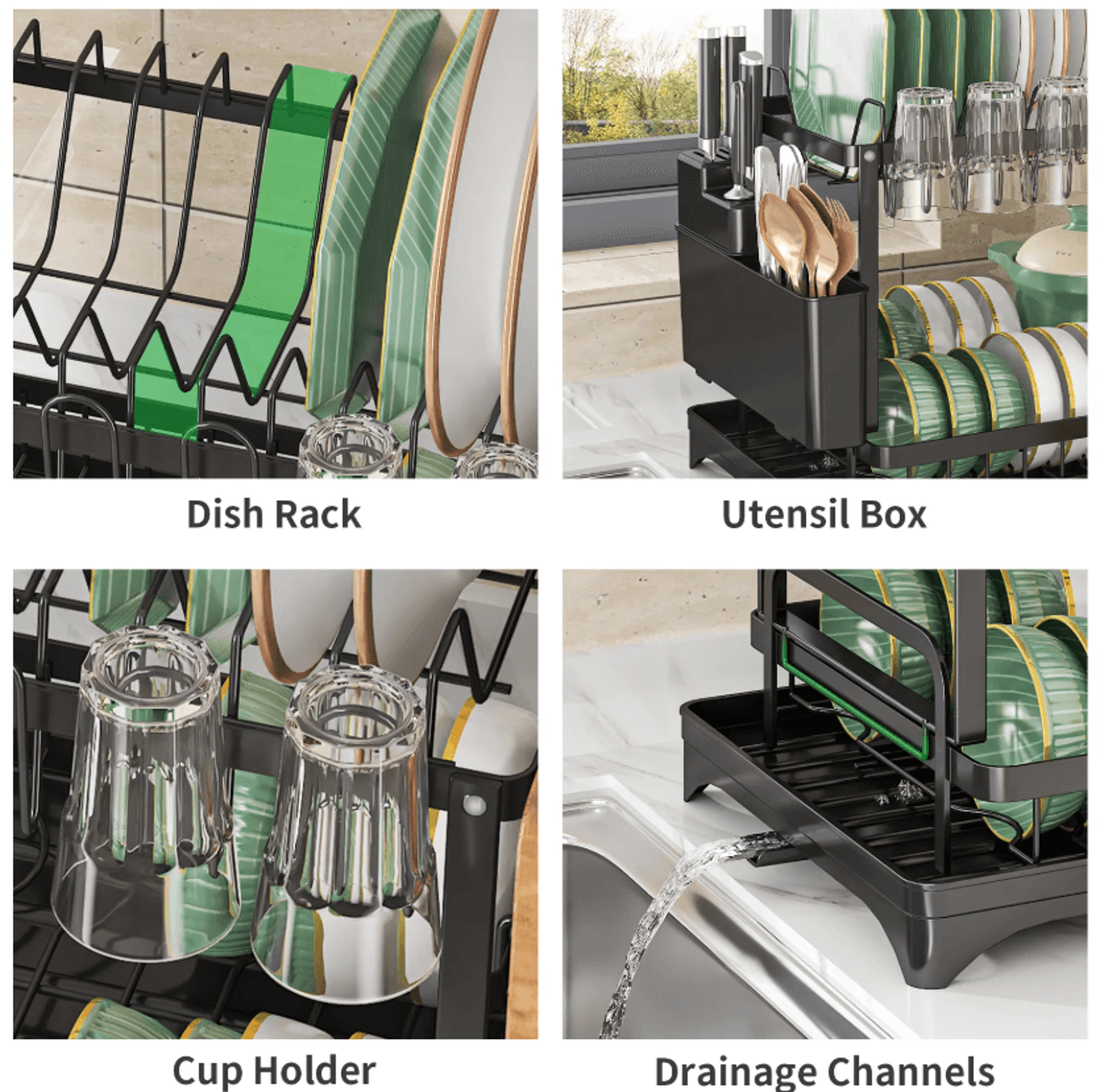 2Tier Dish Drying Rack  Kitchen Countertop Organizer With Drain Tray 3