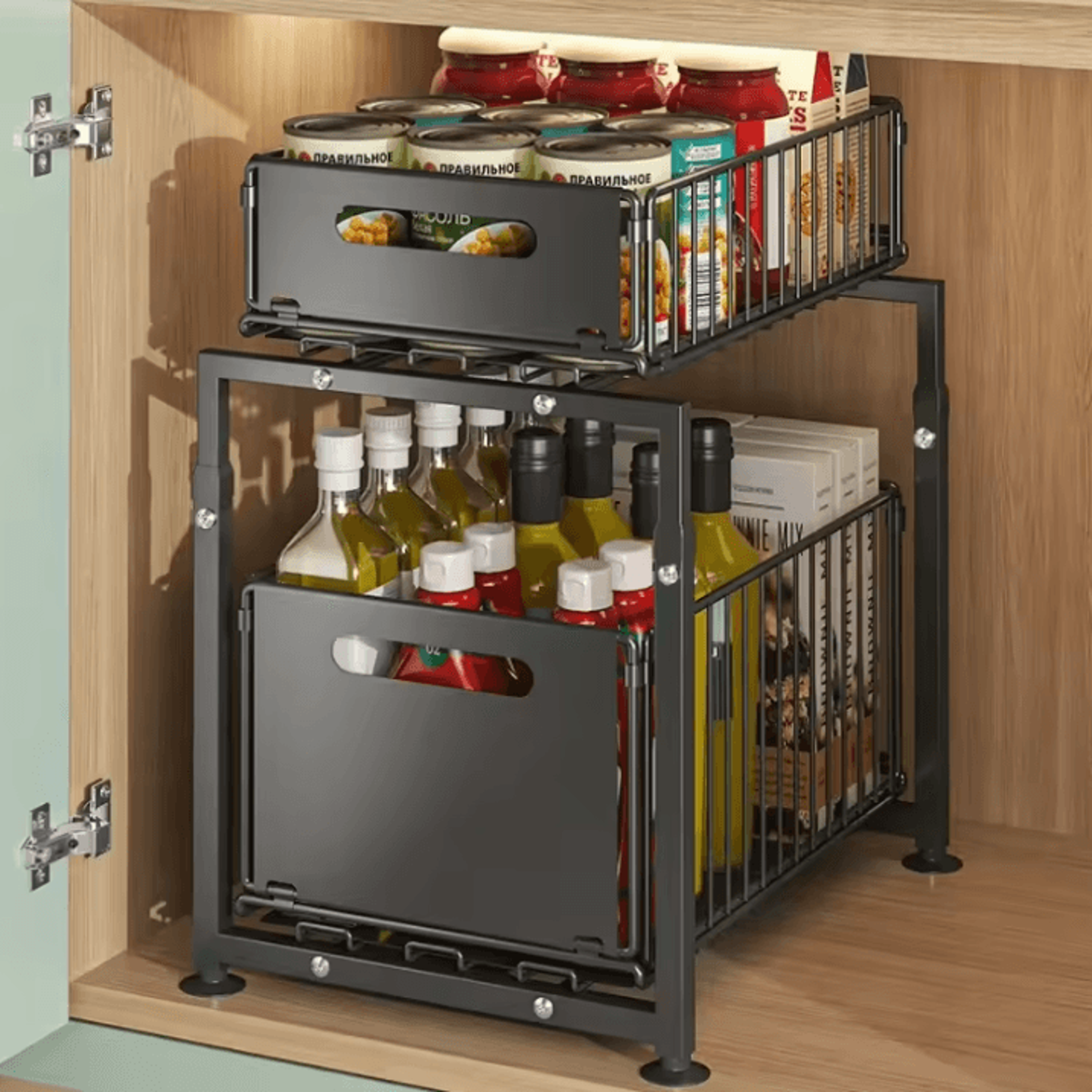 DoubleLayer PullOut Kitchen Cabinet Organizer  MultiLevel Storage Rack For Spices Snacks  Bottles 0