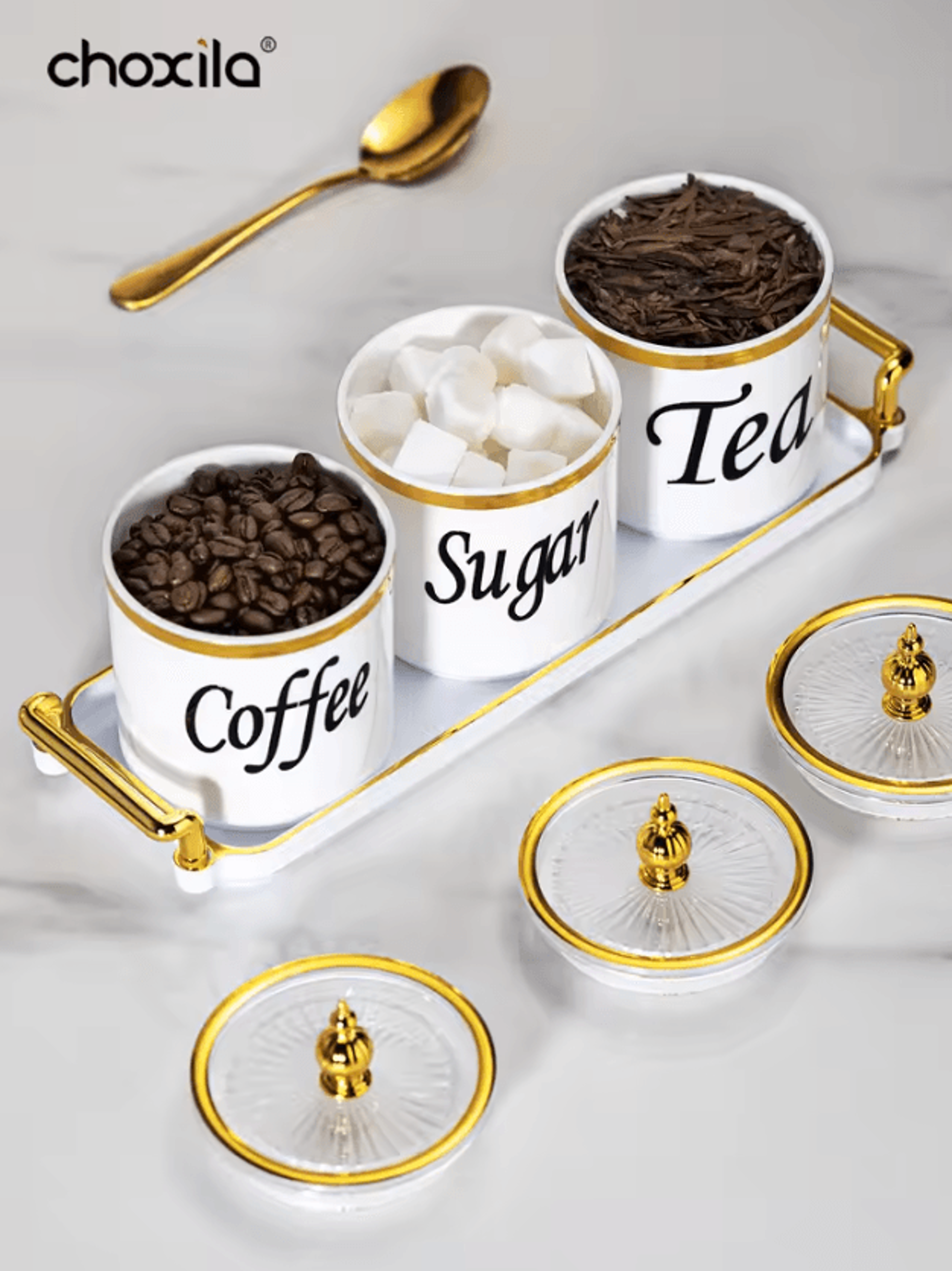 4Piece Coffee Canister Set With Tray  Decorative Storage Jars For Coffee Tea  Sugar 1