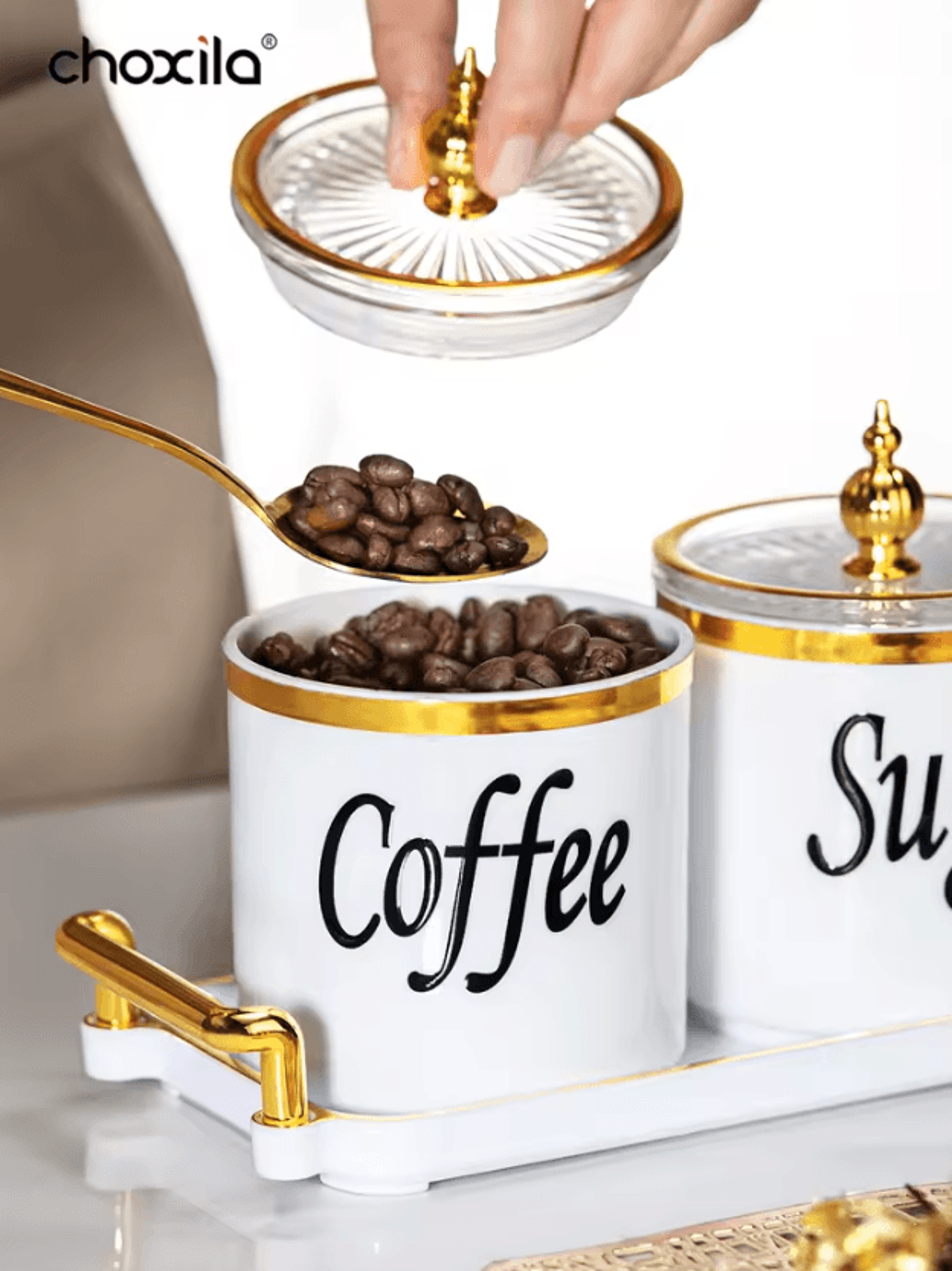 4Piece Coffee Canister Set With Tray  Decorative Storage Jars For Coffee Tea  Sugar 2