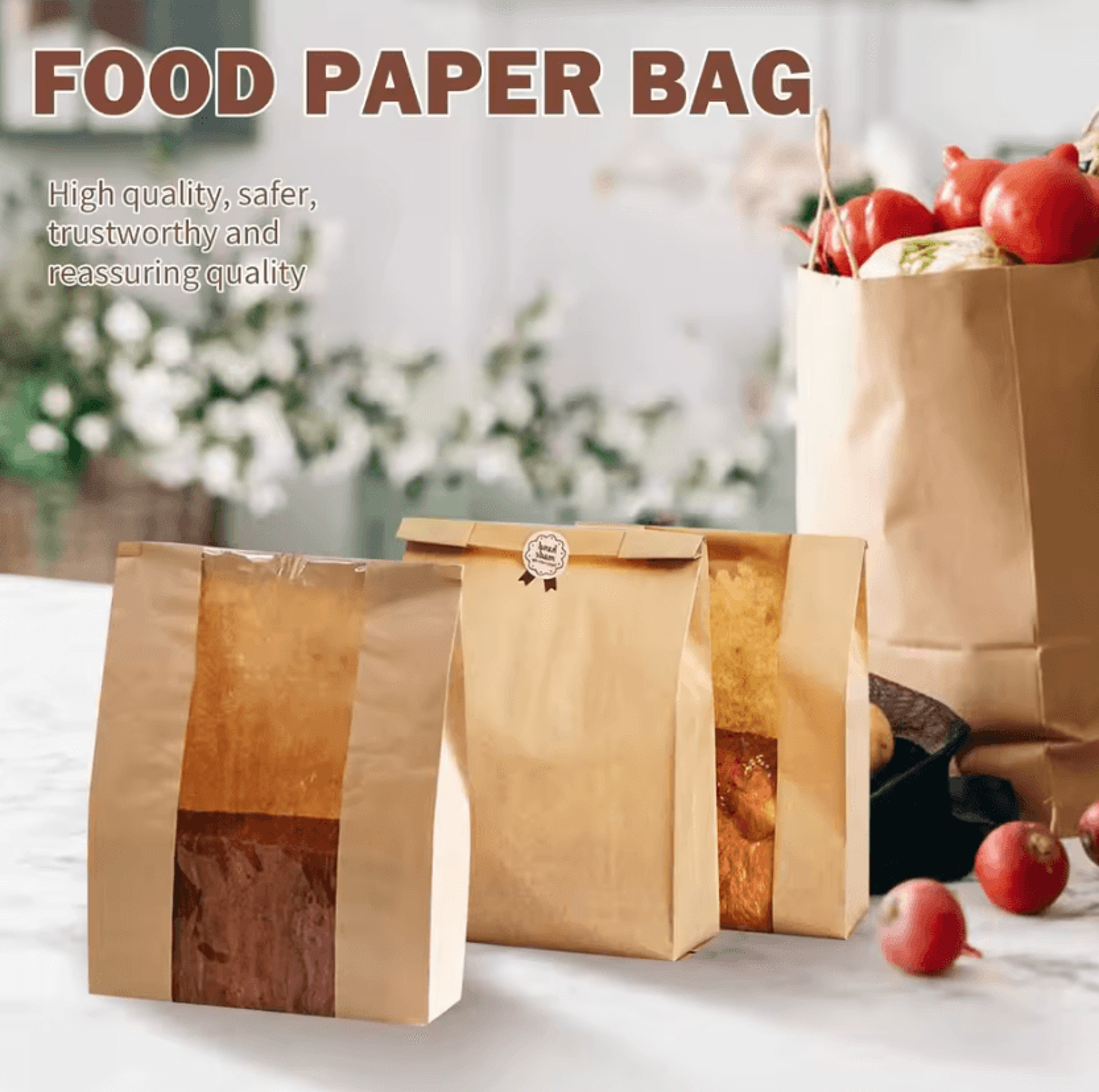 Large Kraft Paper Bread Bags With Window  50PCS Bakery Packaging Set 5