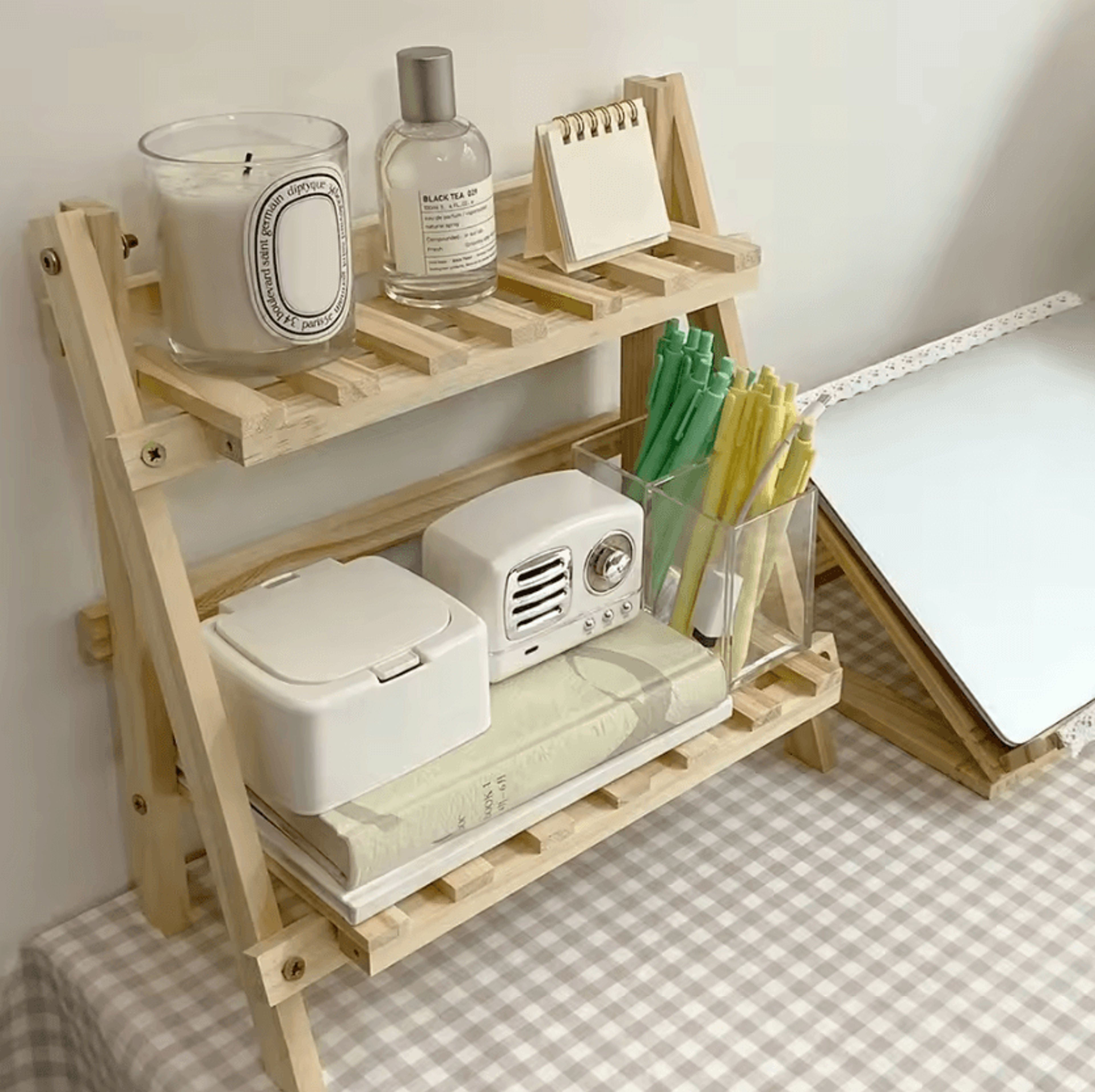 2Tier Wooden Desktop Organizer Foldable Desktop Storage Shelf For Home  Office 0