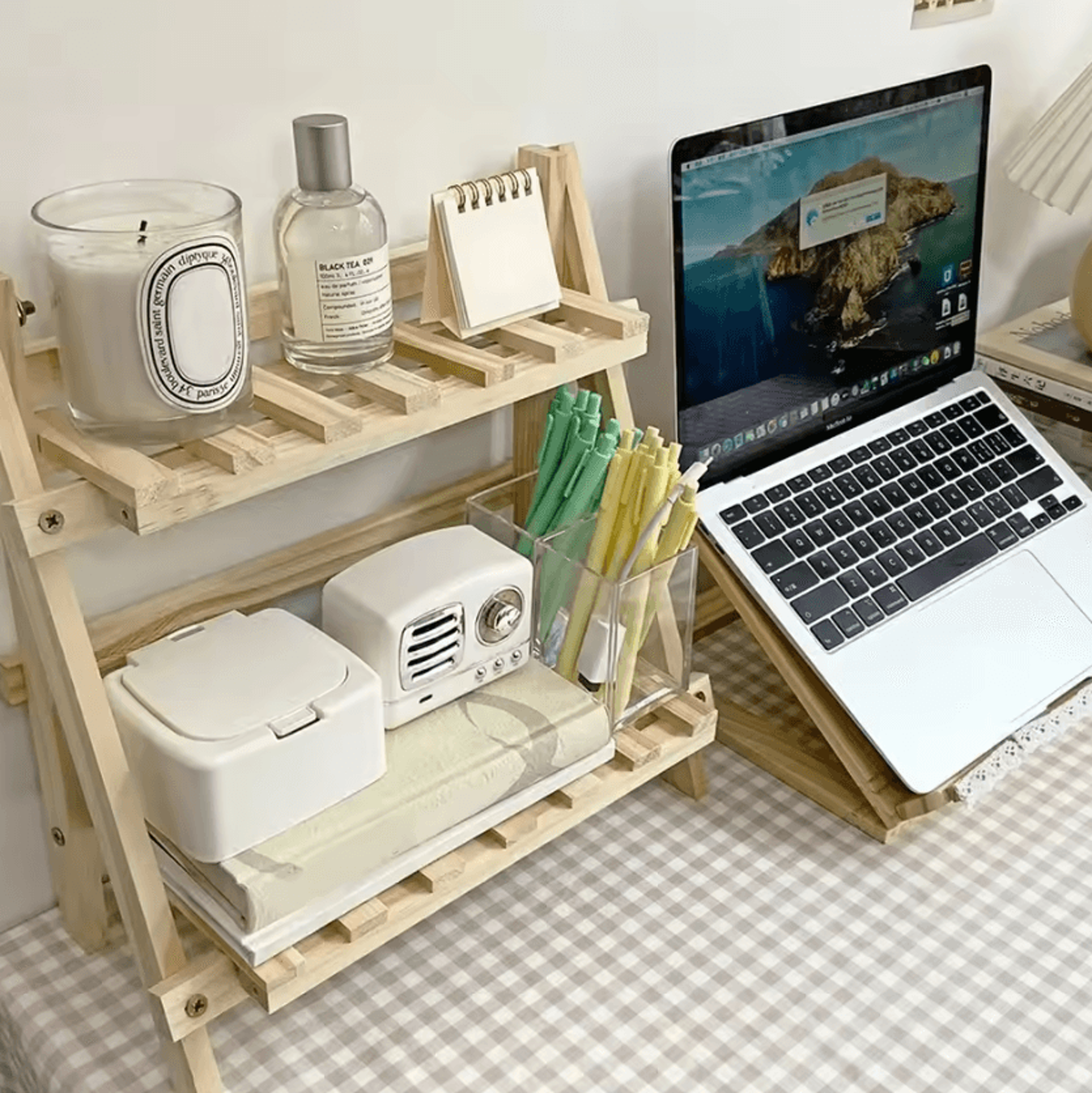 2Tier Wooden Desktop Organizer Foldable Desktop Storage Shelf For Home  Office 4