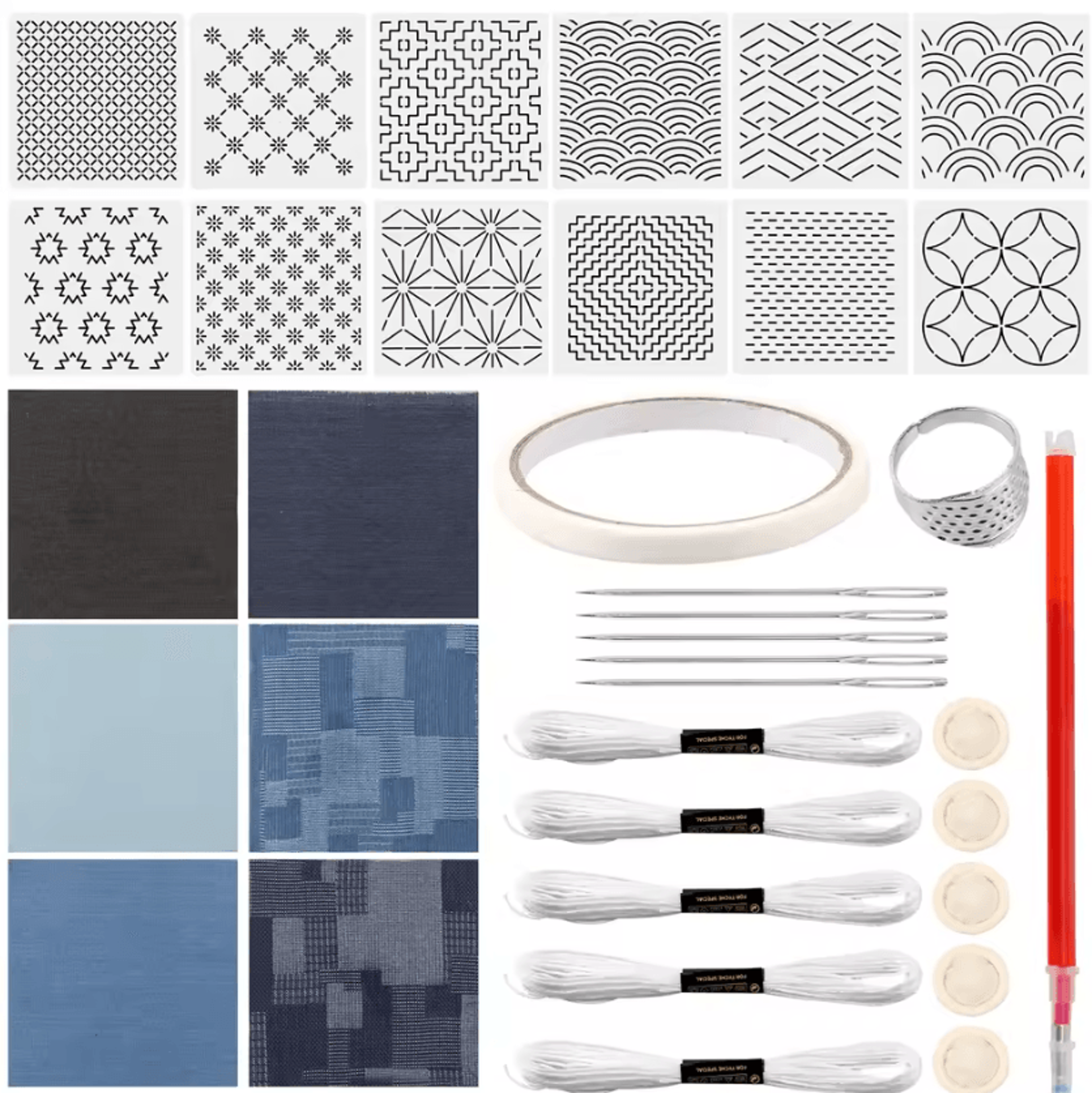 Complete Sashiko Kit With Stencils Thread Needles  Thimble For Beginner Embroidery 6