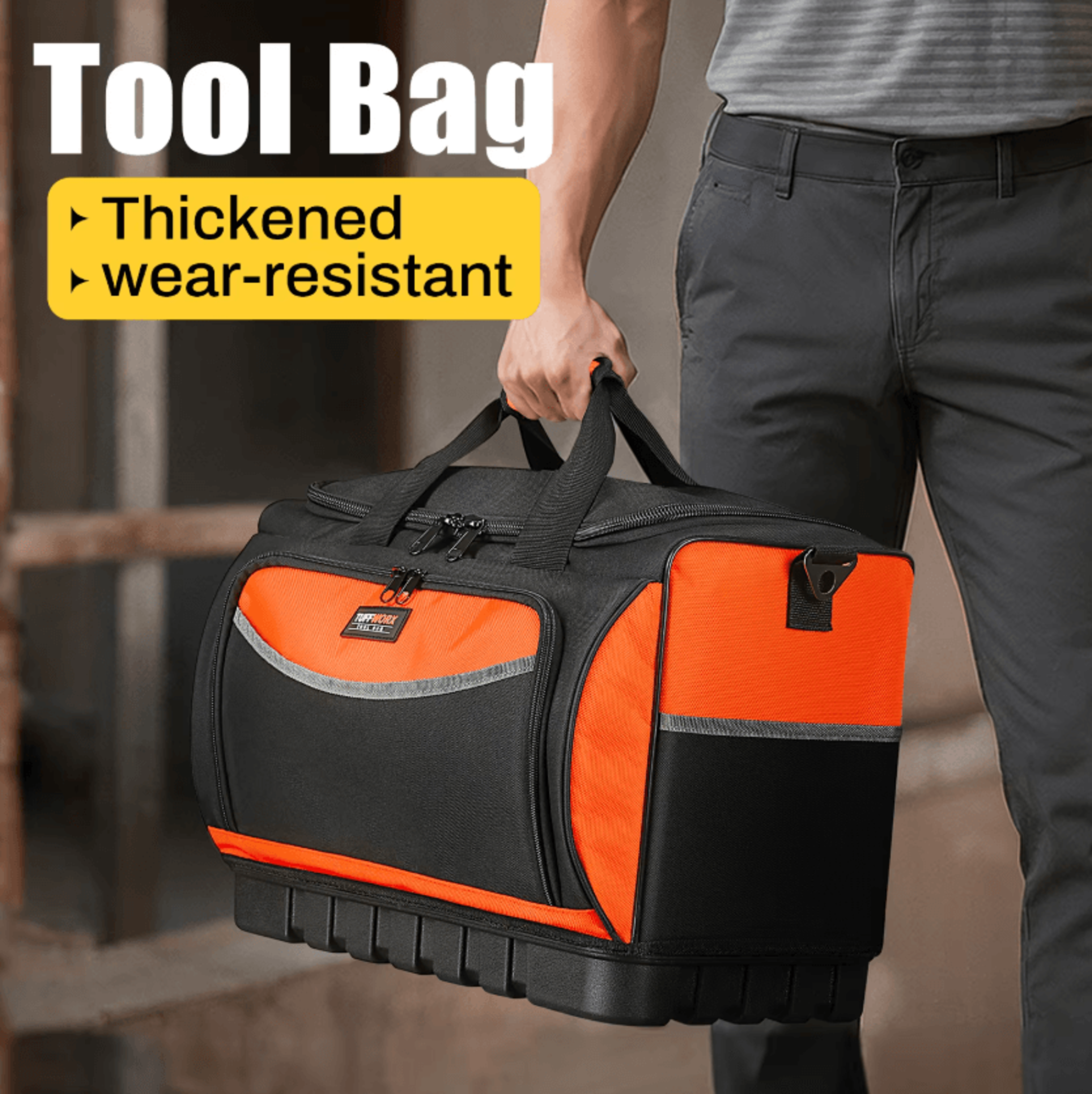 Heavy Duty Open Top Tool Bag With Molded Base 18 Pocket Wide Mouth Tool Organizer With Shoulder Str 1