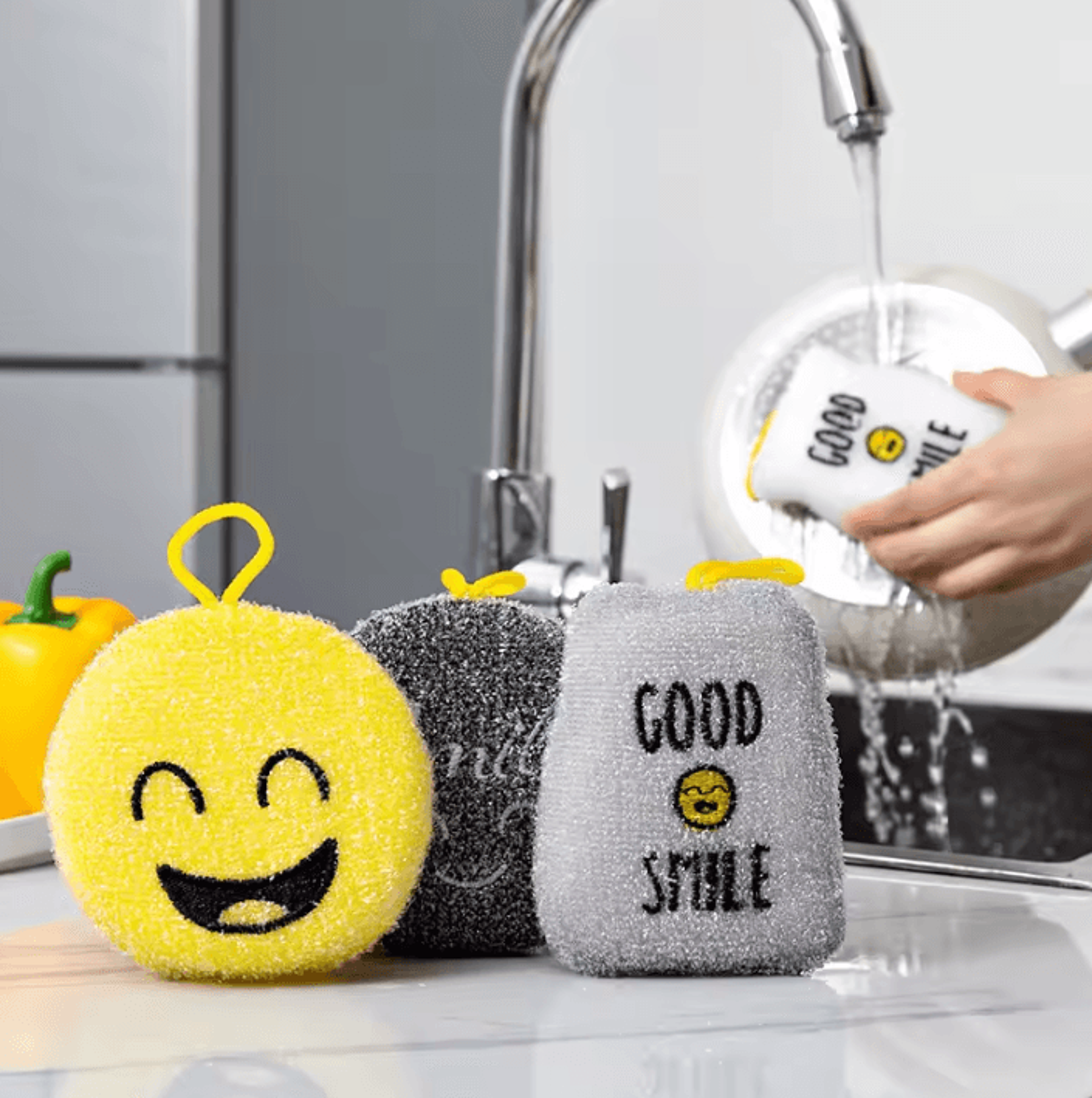 4Pack Smiley Face Dish Sponges DoubleSided Kitchen Scrub Sponges For Dishes And Cookware 0
