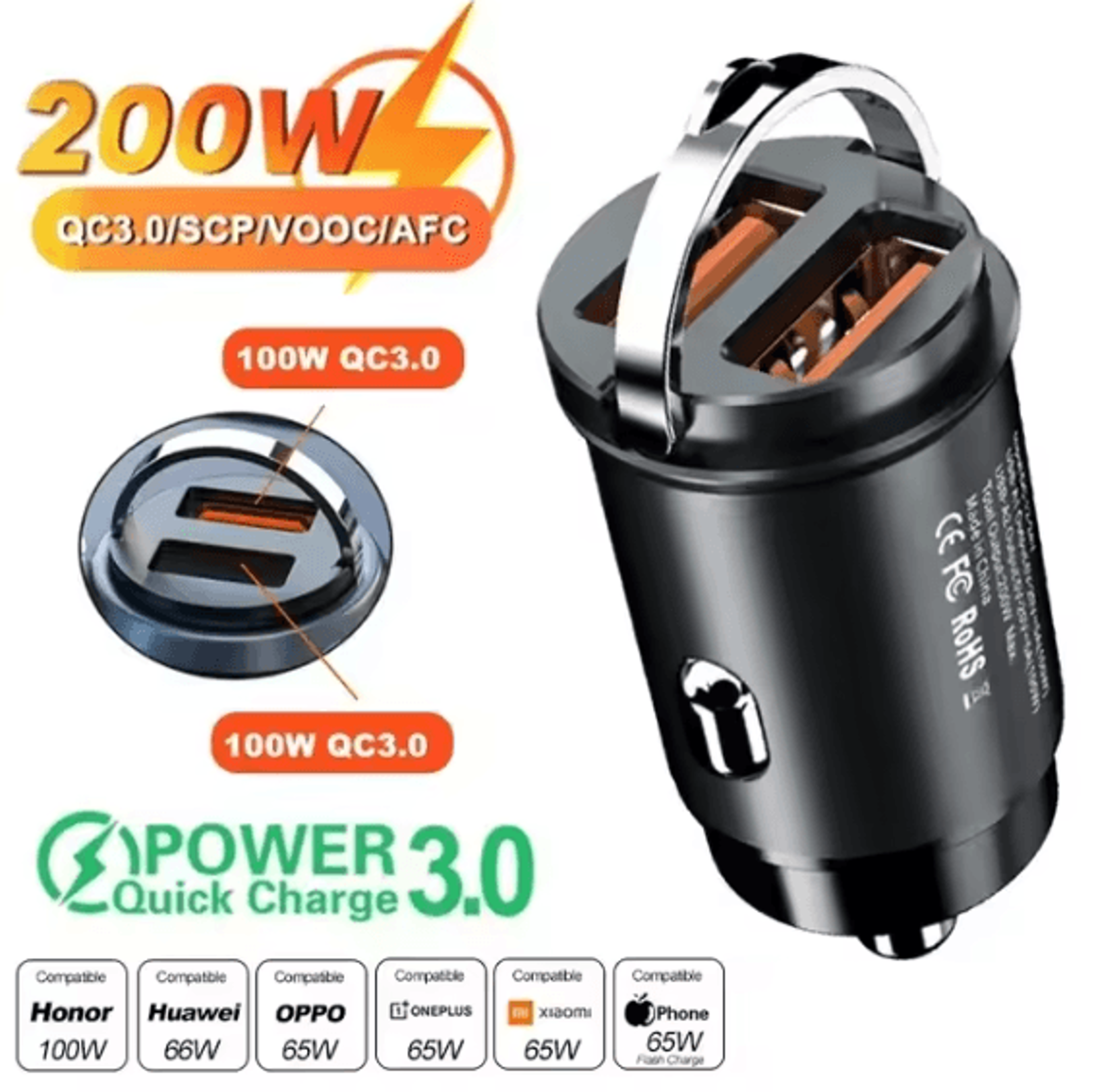 200W Mini USB Car Charger Fast Charging Cigarette Lighter Adapter 4