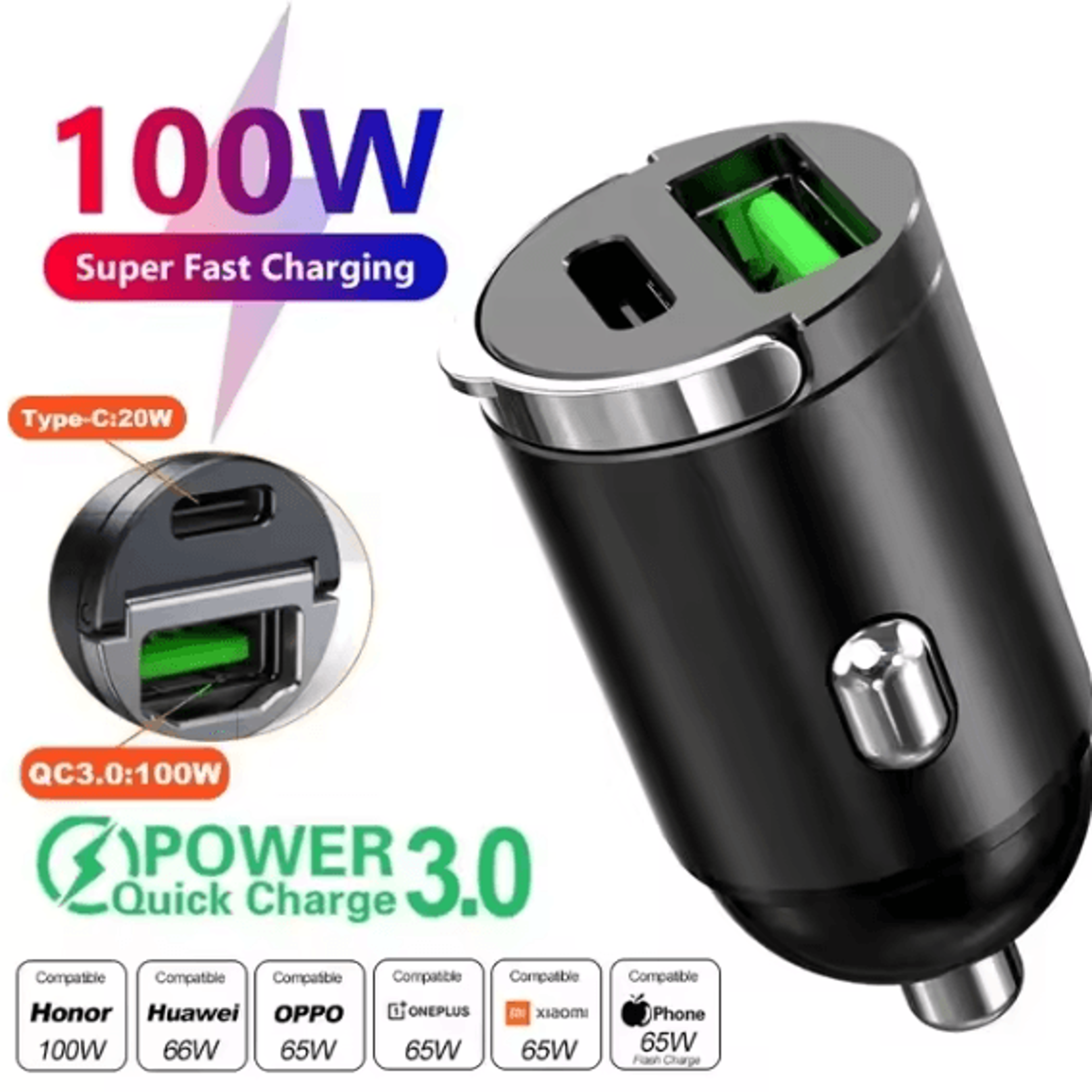 200W Mini USB Car Charger Fast Charging Cigarette Lighter Adapter 5