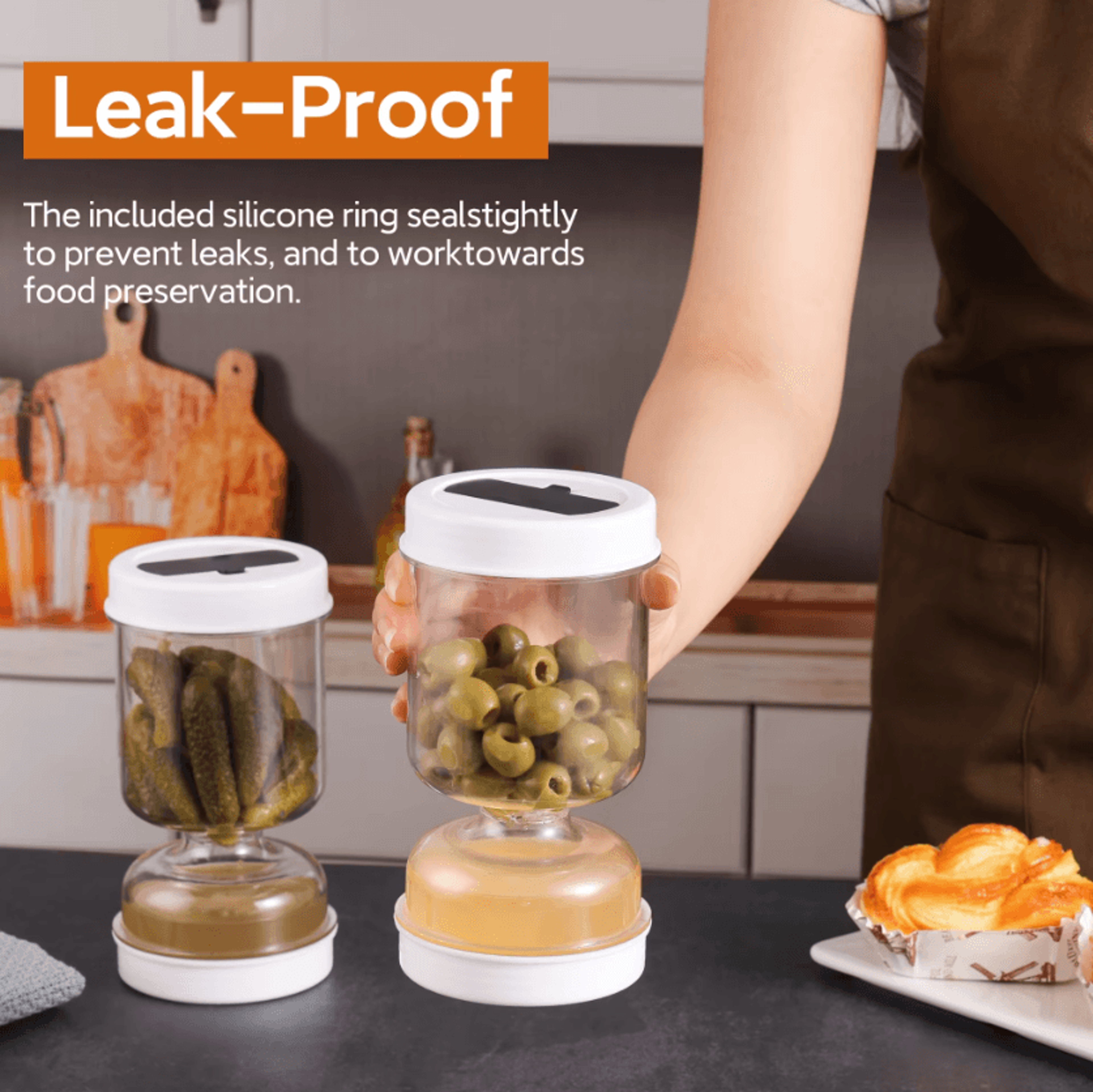 hourglass pickle jar with strainer – airtight pickle jar with strainer for olives, pickles & food storage