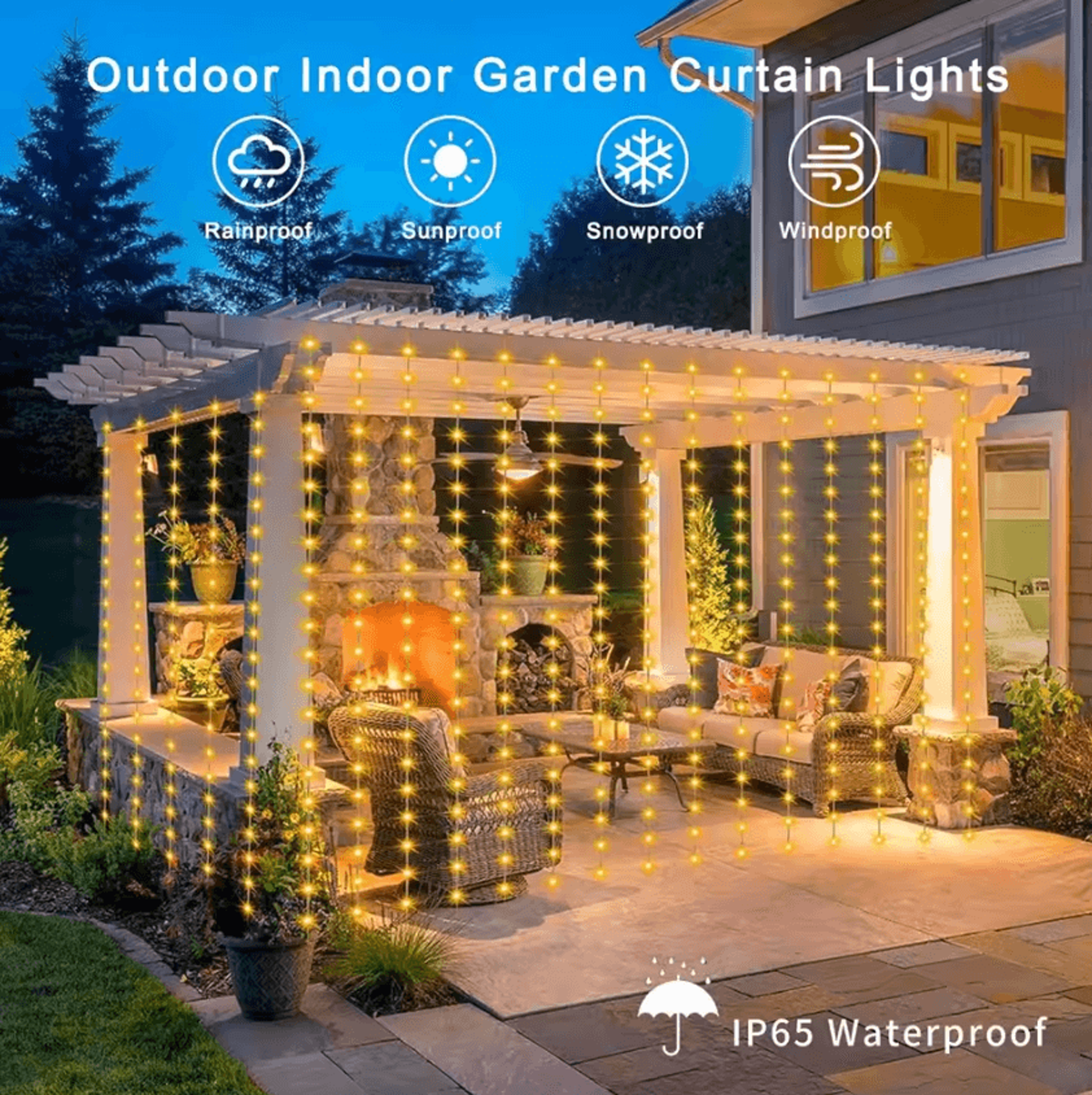 300 led solar curtain lights – waterproof solar curtain lights with 8 lighting modes for garden, window & wedding decor