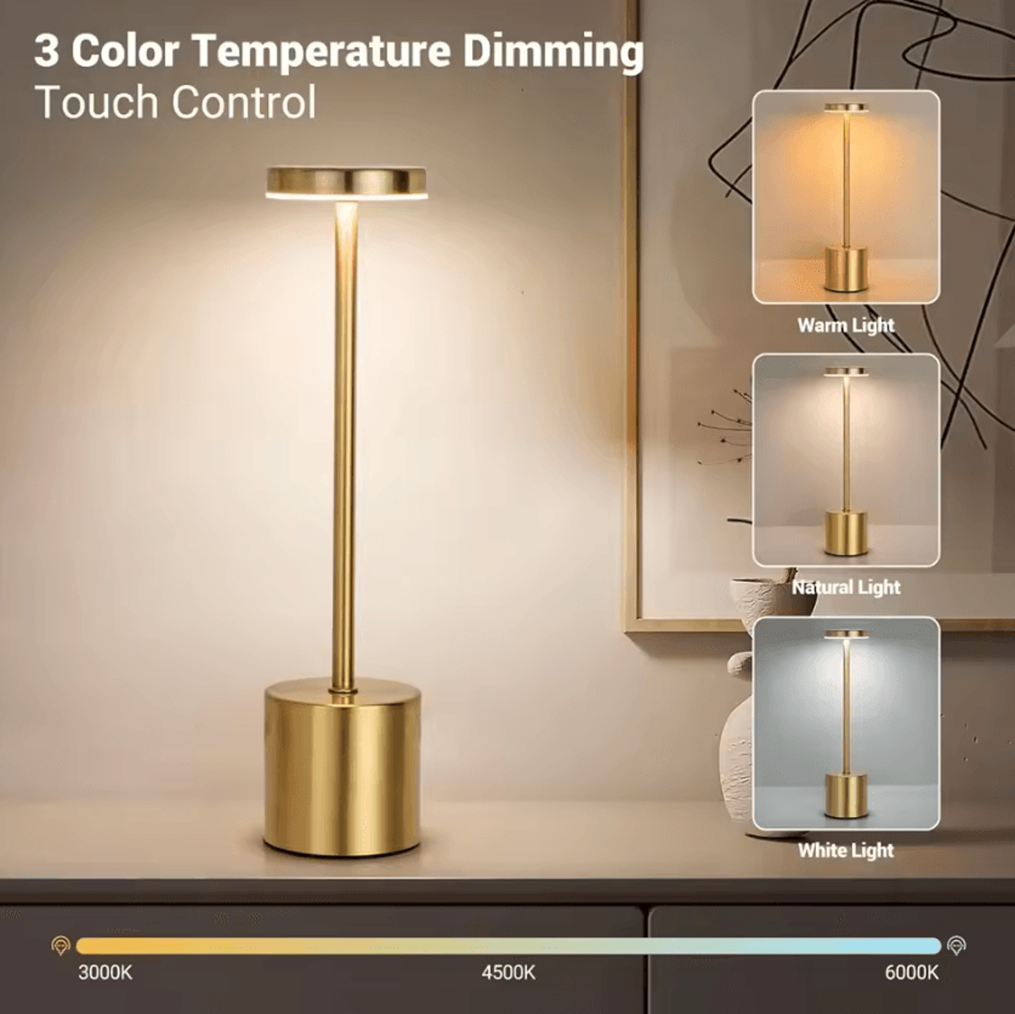 Rechargeable LED Metal Table Lamp With Touch Control  3 Color Modes For Bedroom  Outdoor Decor 0
