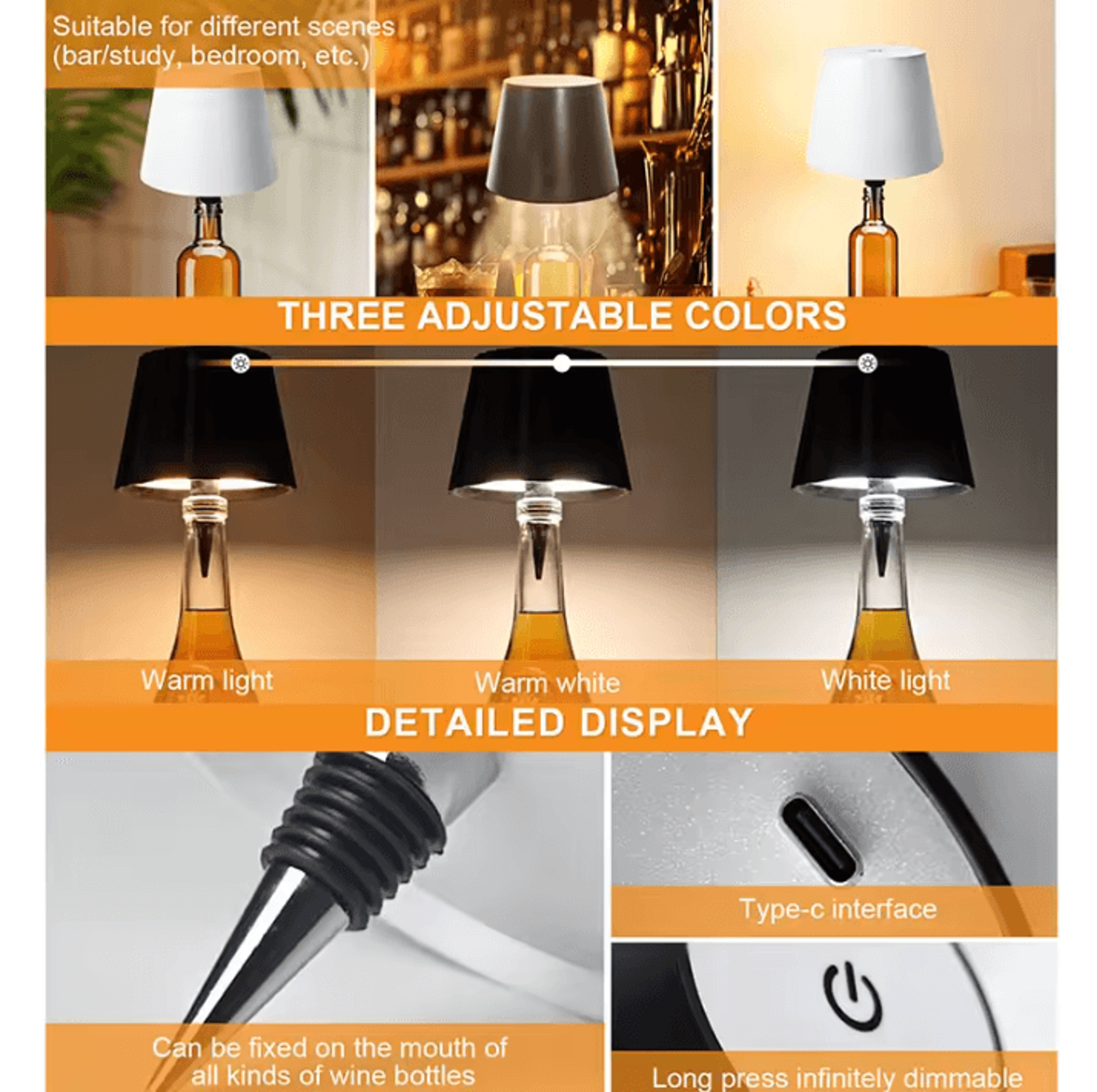 Wireless Bottle LED Table Lamp With Touch Control 3 Color Modes  Stepless Dimming 3