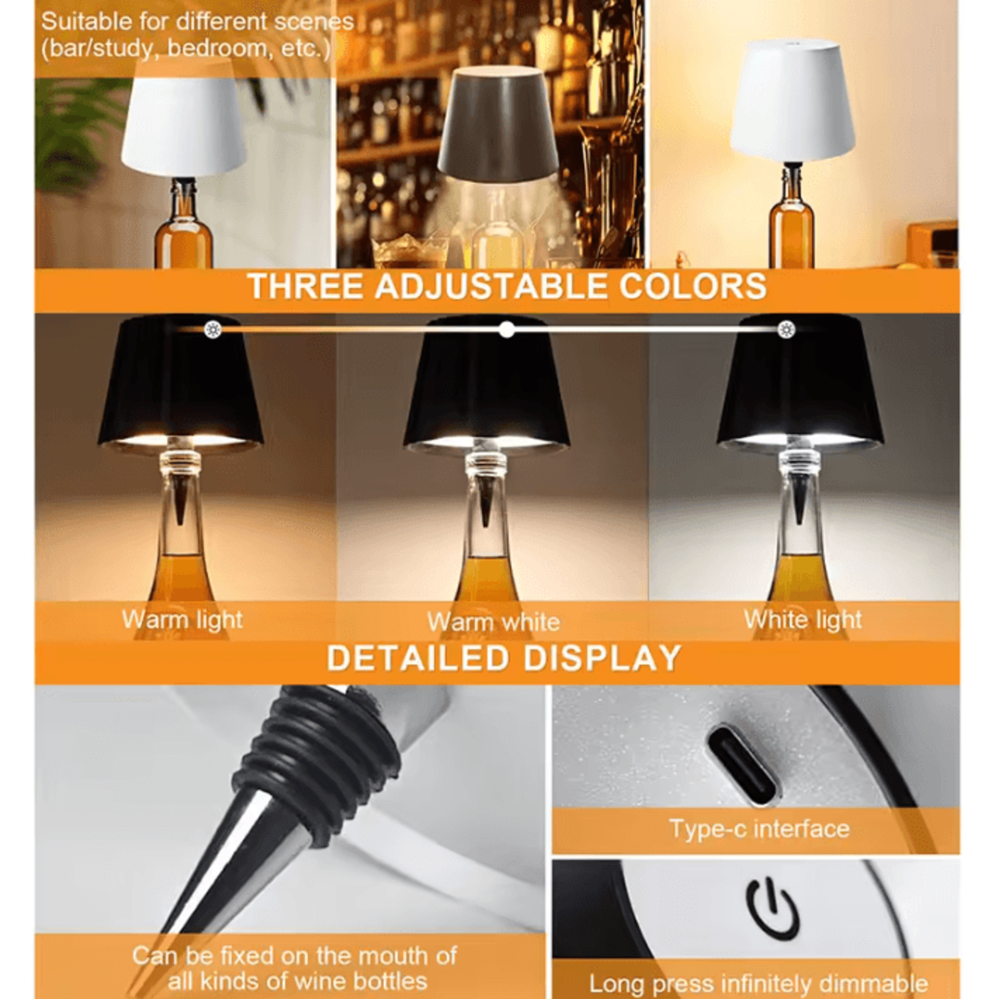 Rechargeable Wireless Bottle Lamp With Touch Control And Stepless Dimming LED Table Light 2