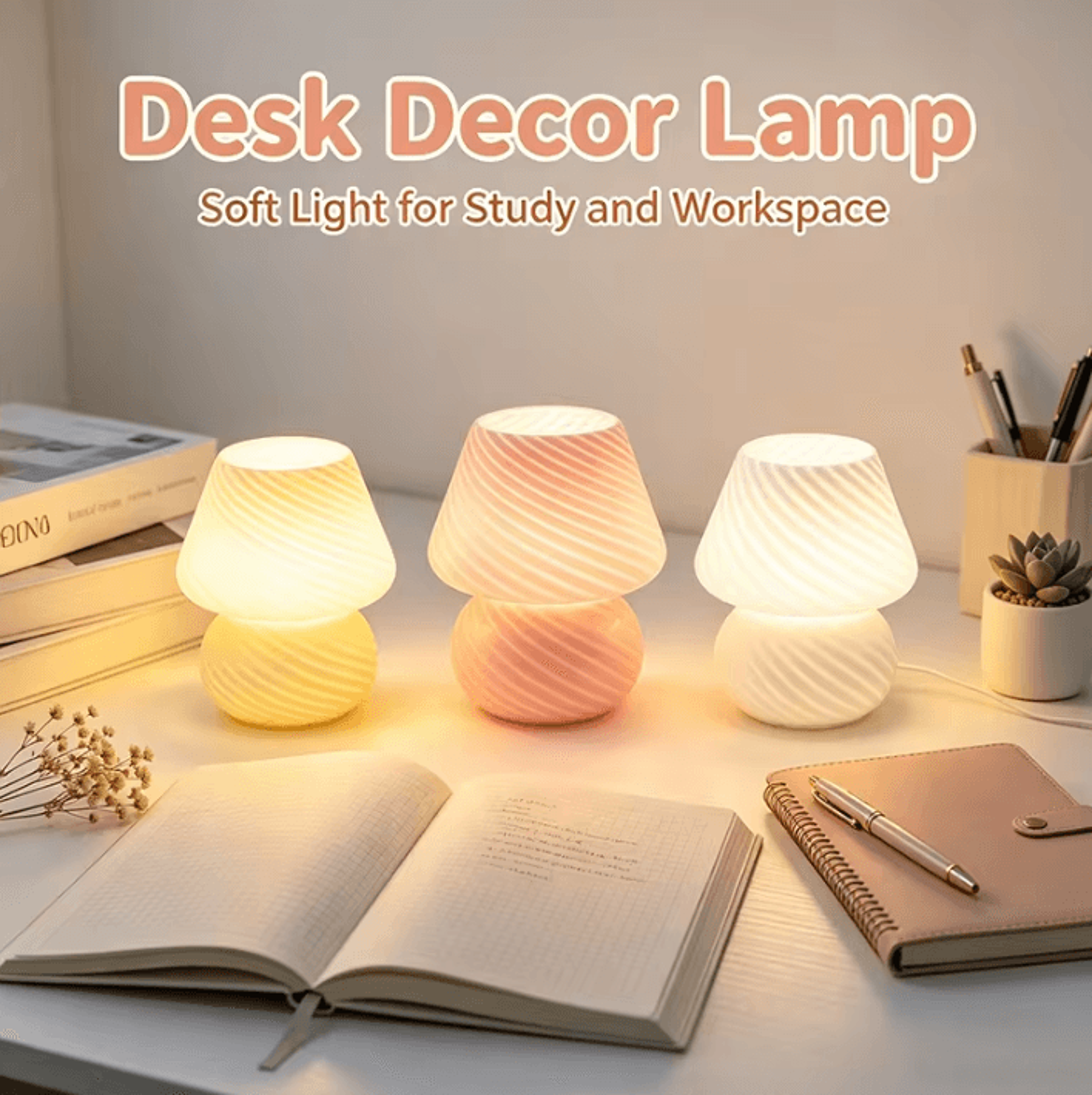 Mushroom Glass LED Table Lamp USB Dimmable Bedside Night Light 0