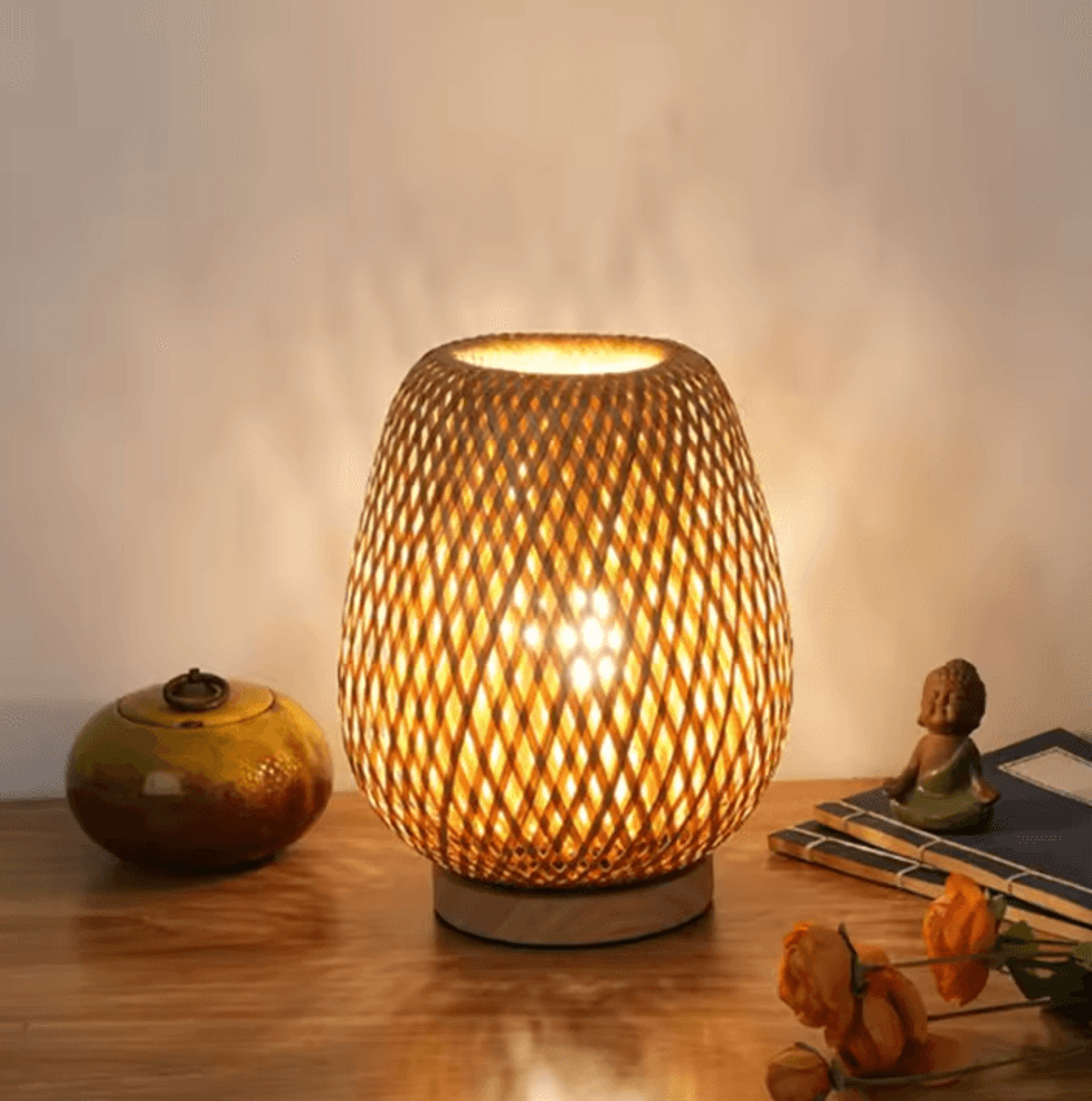 Handwoven Bamboo Table Lamp Warm LED Decorative Bedside Light 3