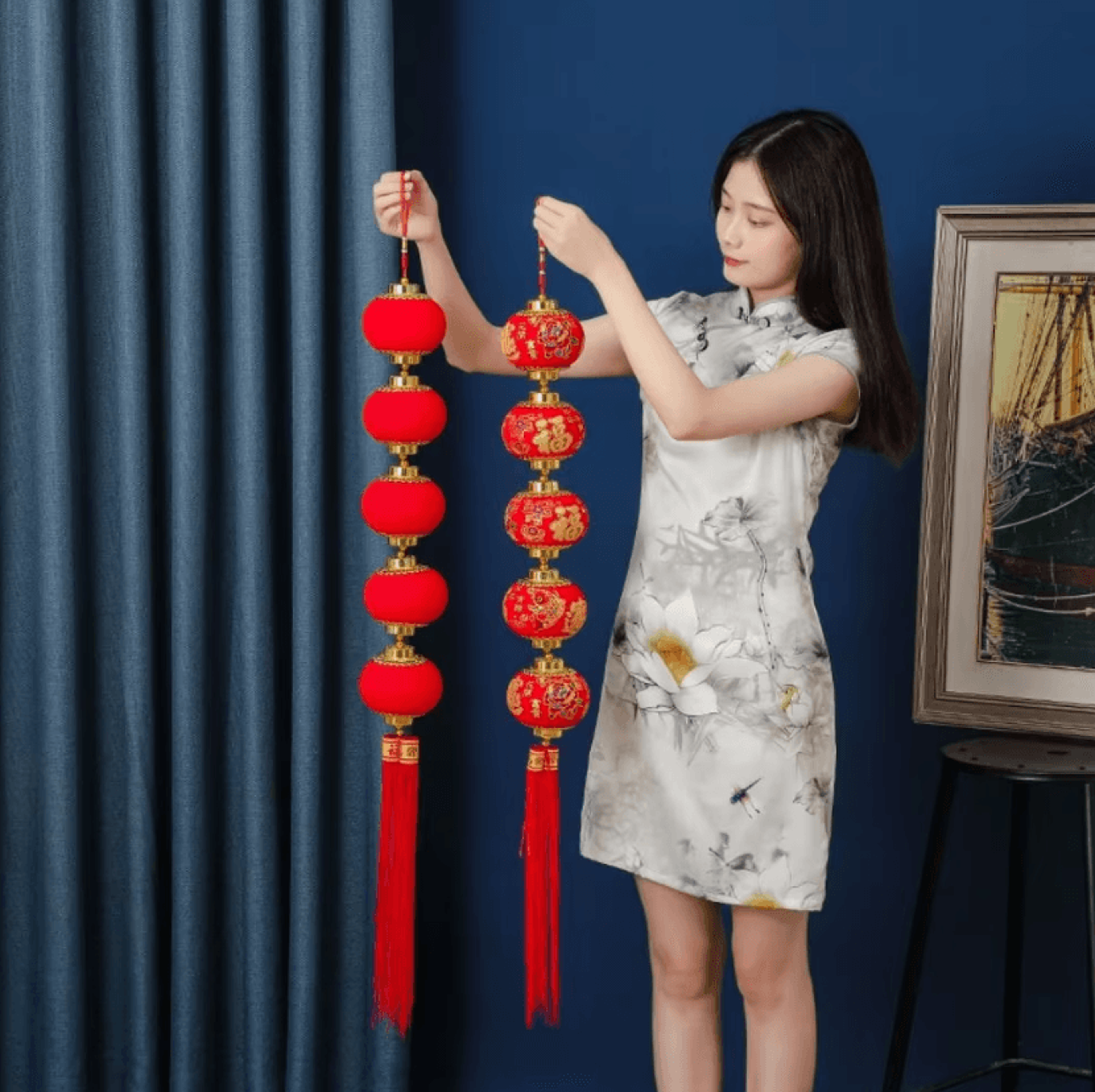 Chinese New Year Red Lantern String  Traditional Hanging Festival Decor 0