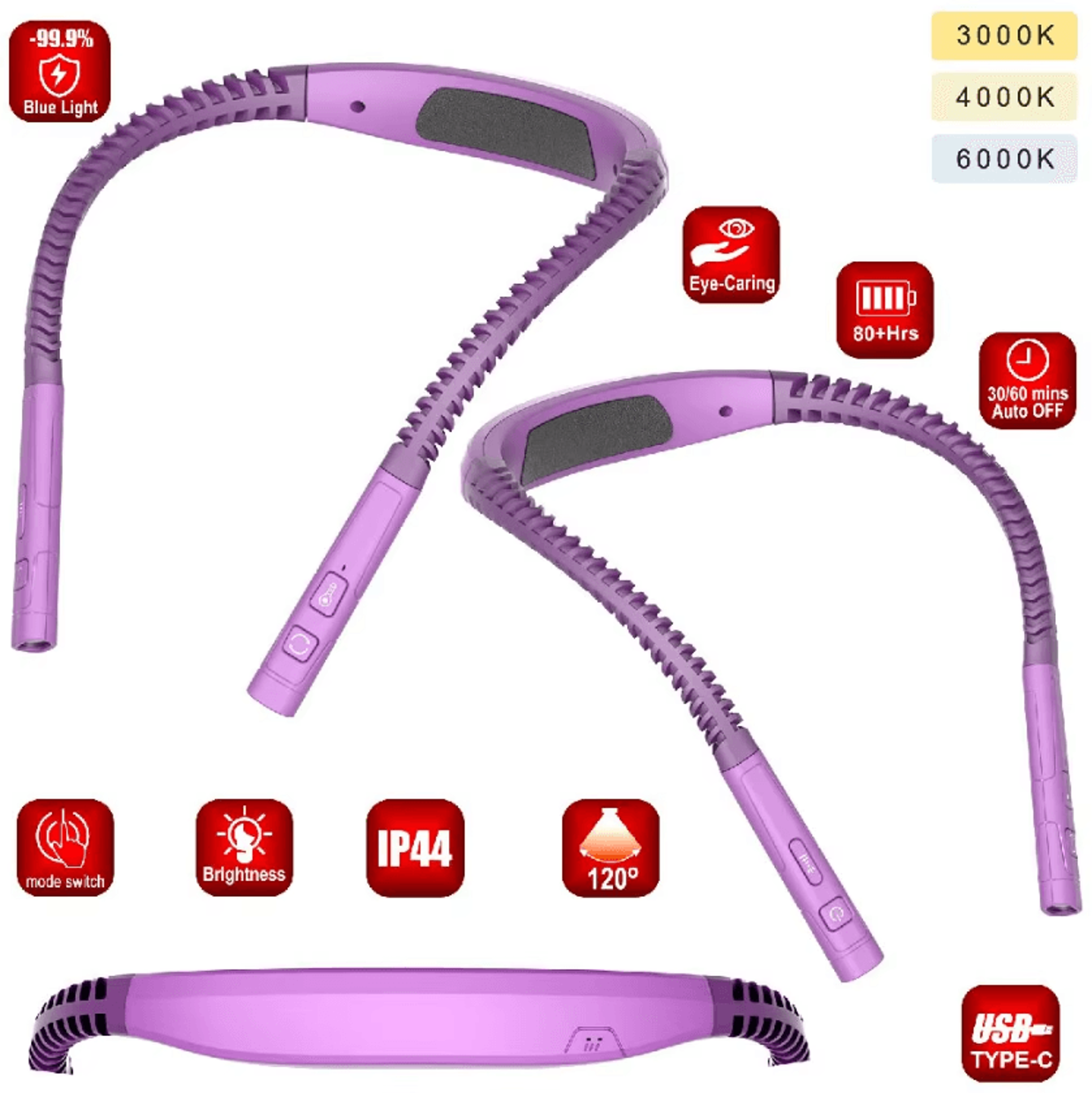 USB Rechargeable LED Neck Reading Light  3 Color HandsFree Book Lamp 2