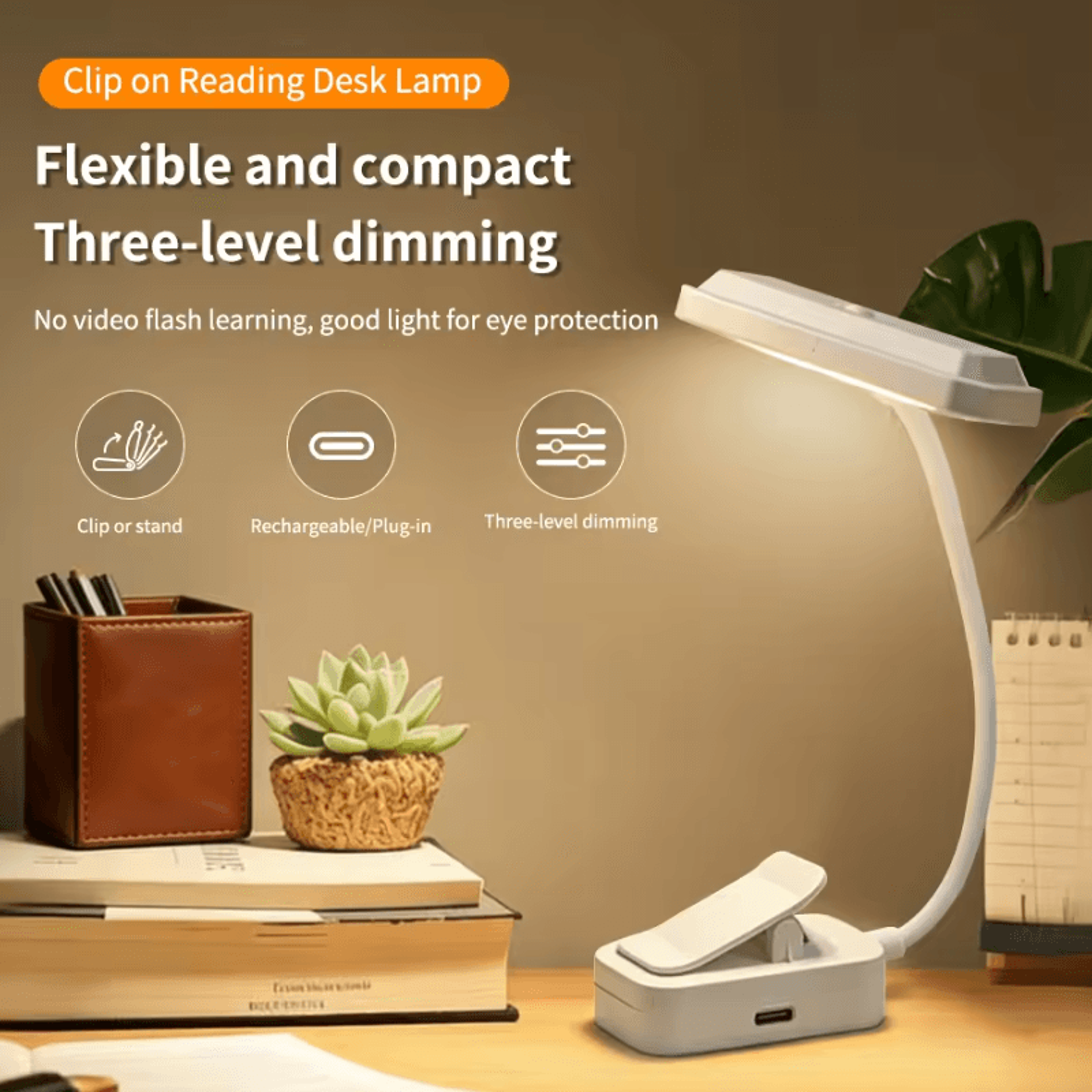 TypeC Rechargeable LED Clip On Desk Lamp  360 Gooseneck Dimmable Reading Light 4