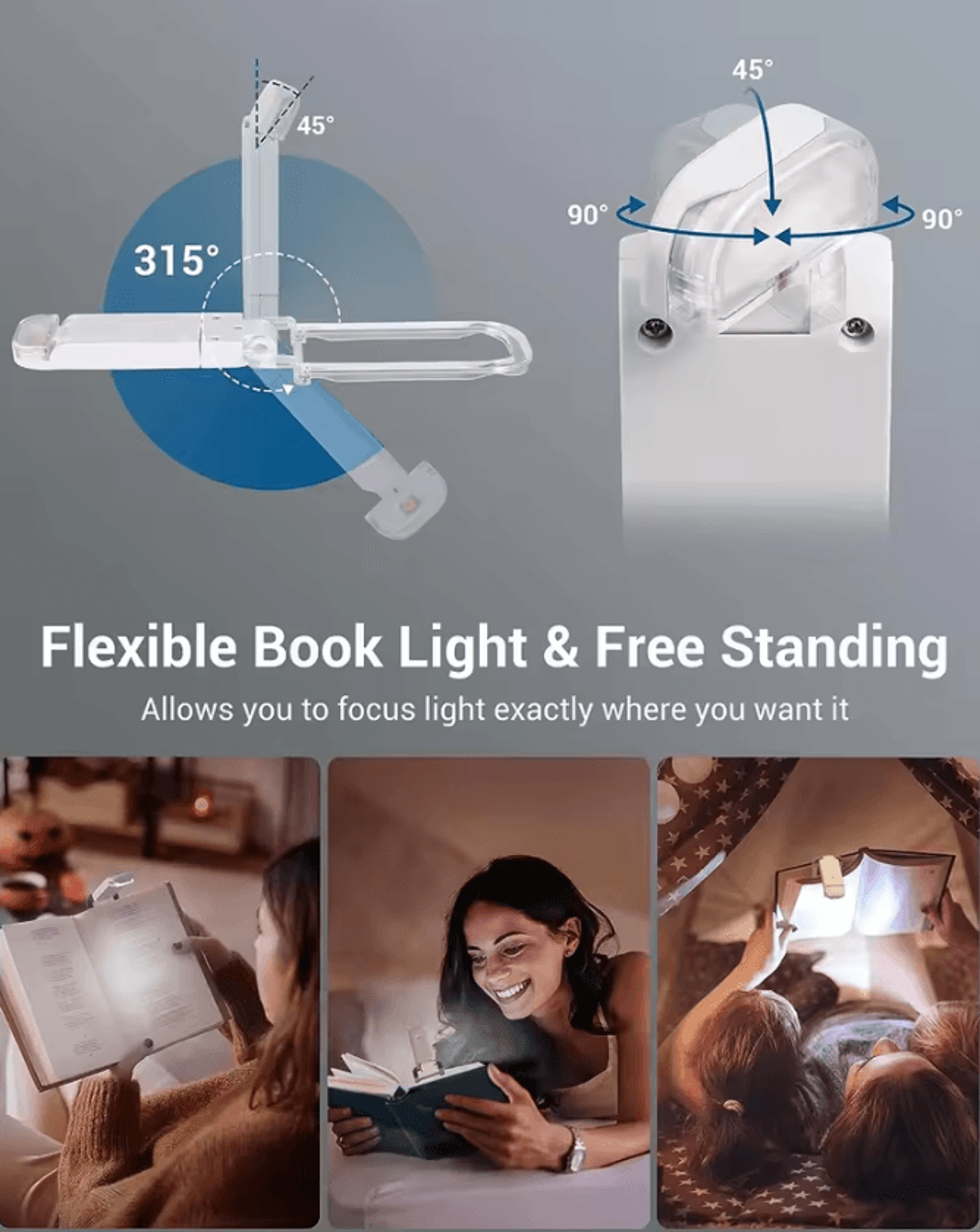 USB Rechargeable Clips On Book Light  Adjustable LED Reading Lamp 3