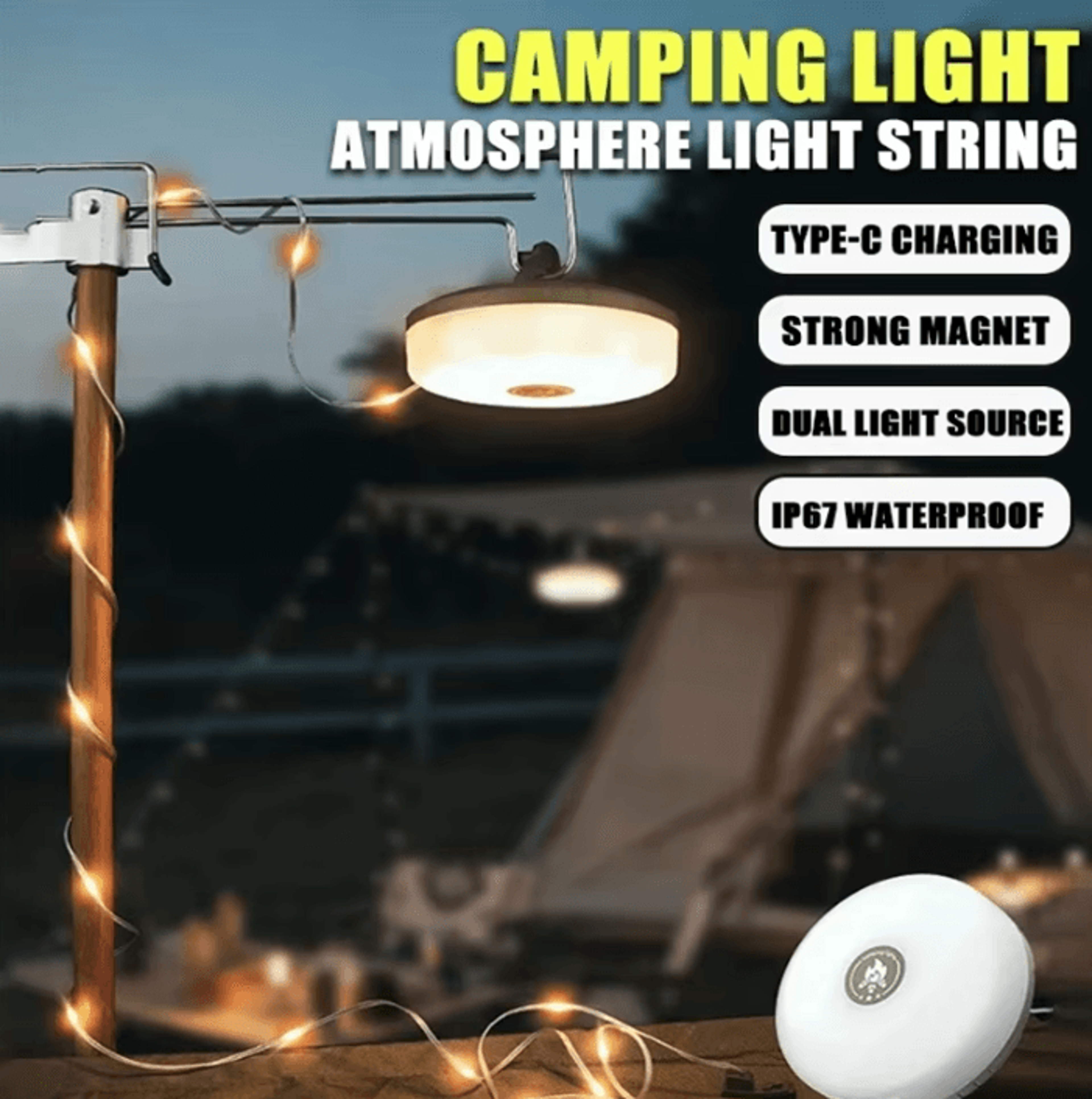 10M Solar Camping String Light  RGB Tent Lantern With LED Flashlight 1