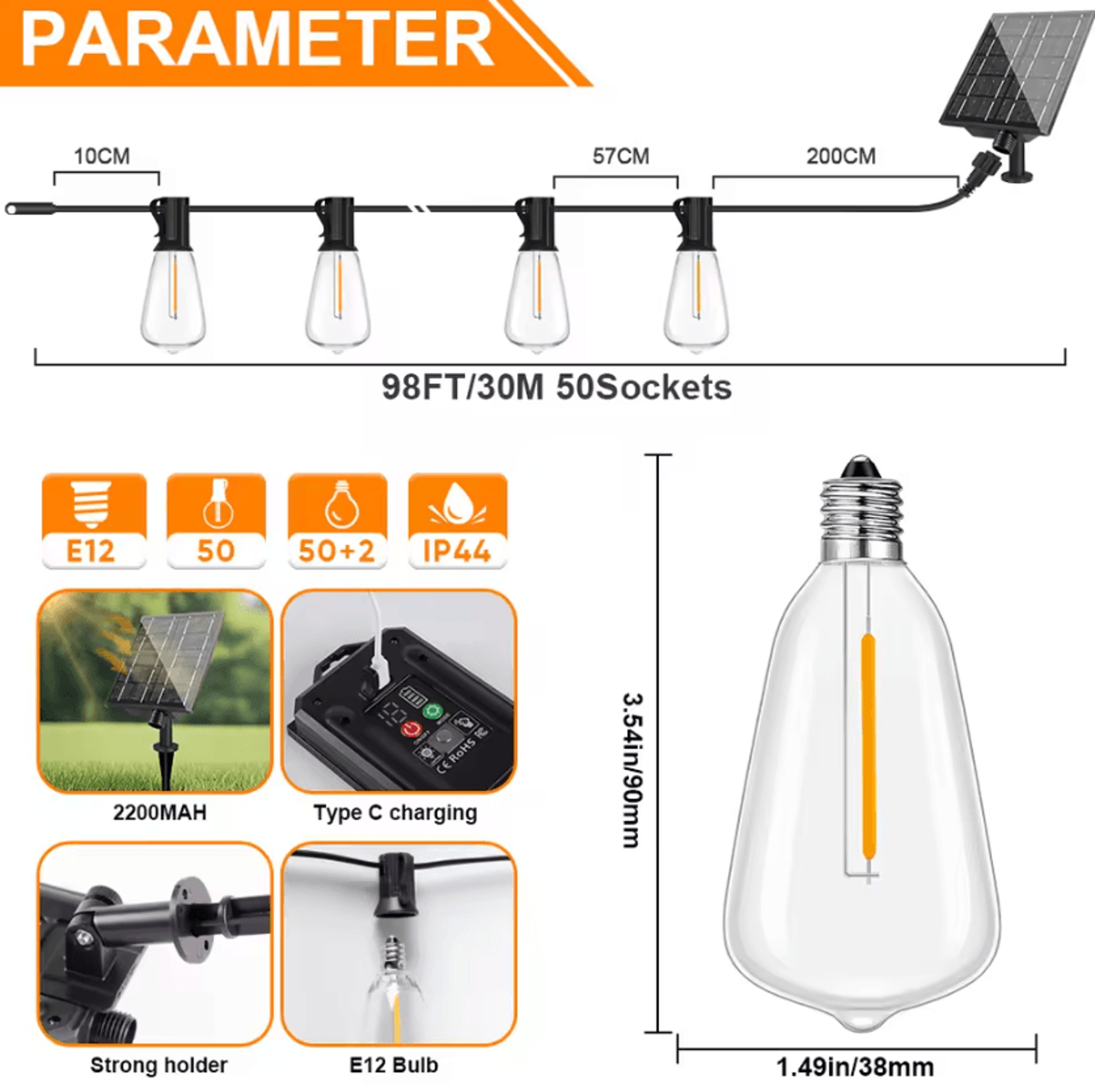 ST38 Solar Bistro String Lights  Dimmable Shatterproof Outdoor Lights With Remote 7