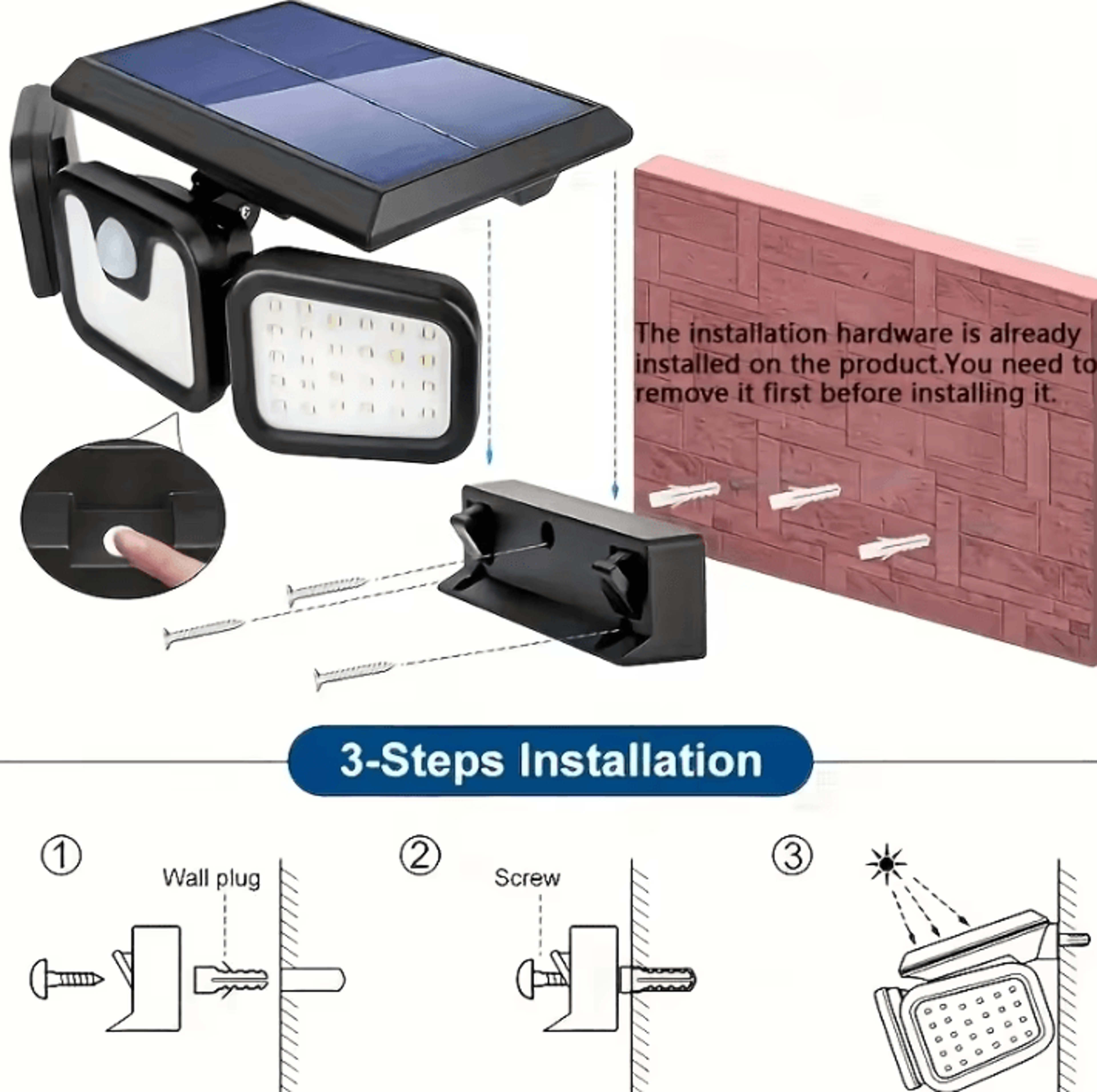 74 LED Solar Motion Sensor Light  3 Head Outdoor Security Wall Lamp 3
