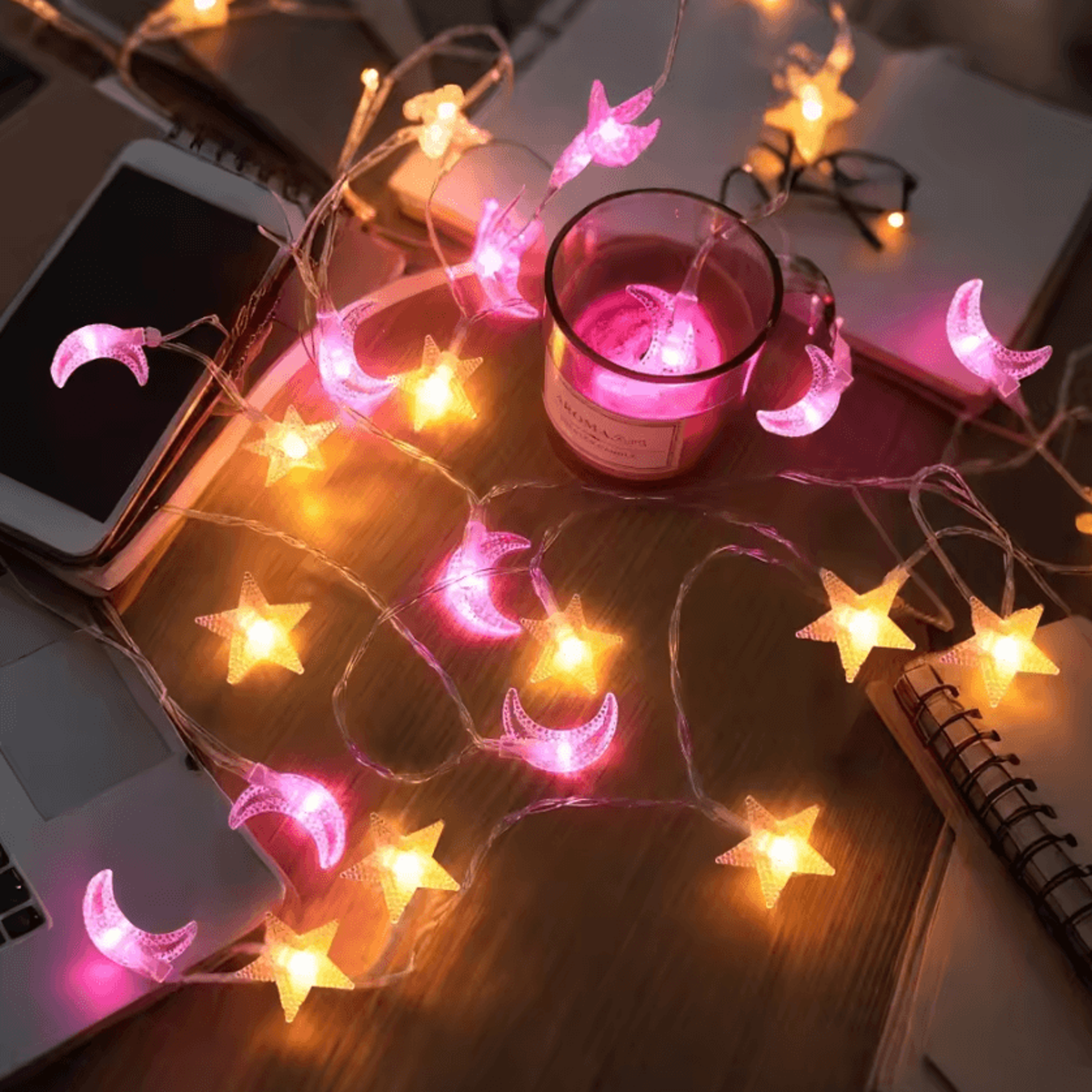 Pink Moon And Star String Lights Battery Powered Fairy Decor 1