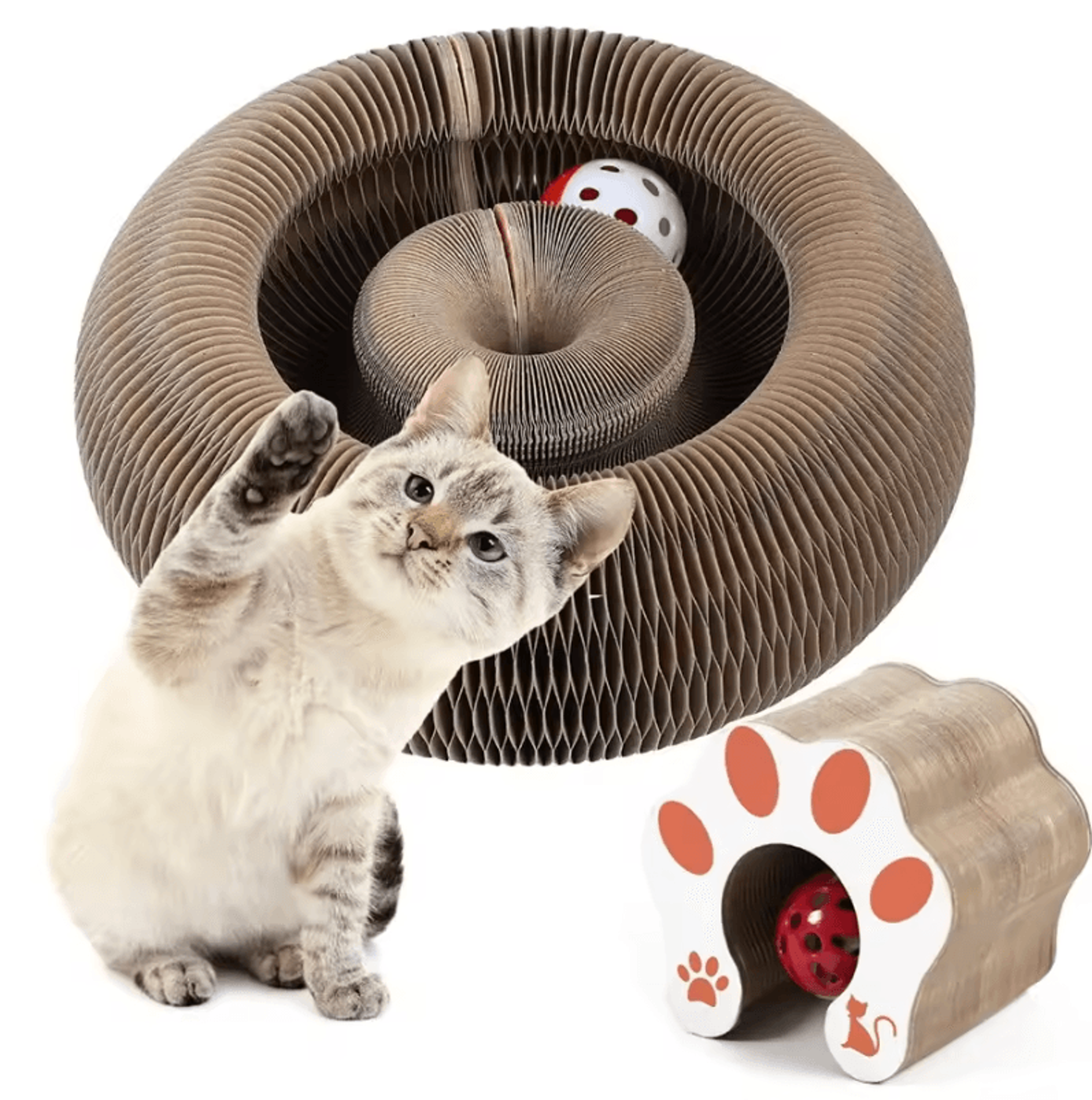 Foldable Accordion Cardboard Cat Scratcher With Ball Track 1