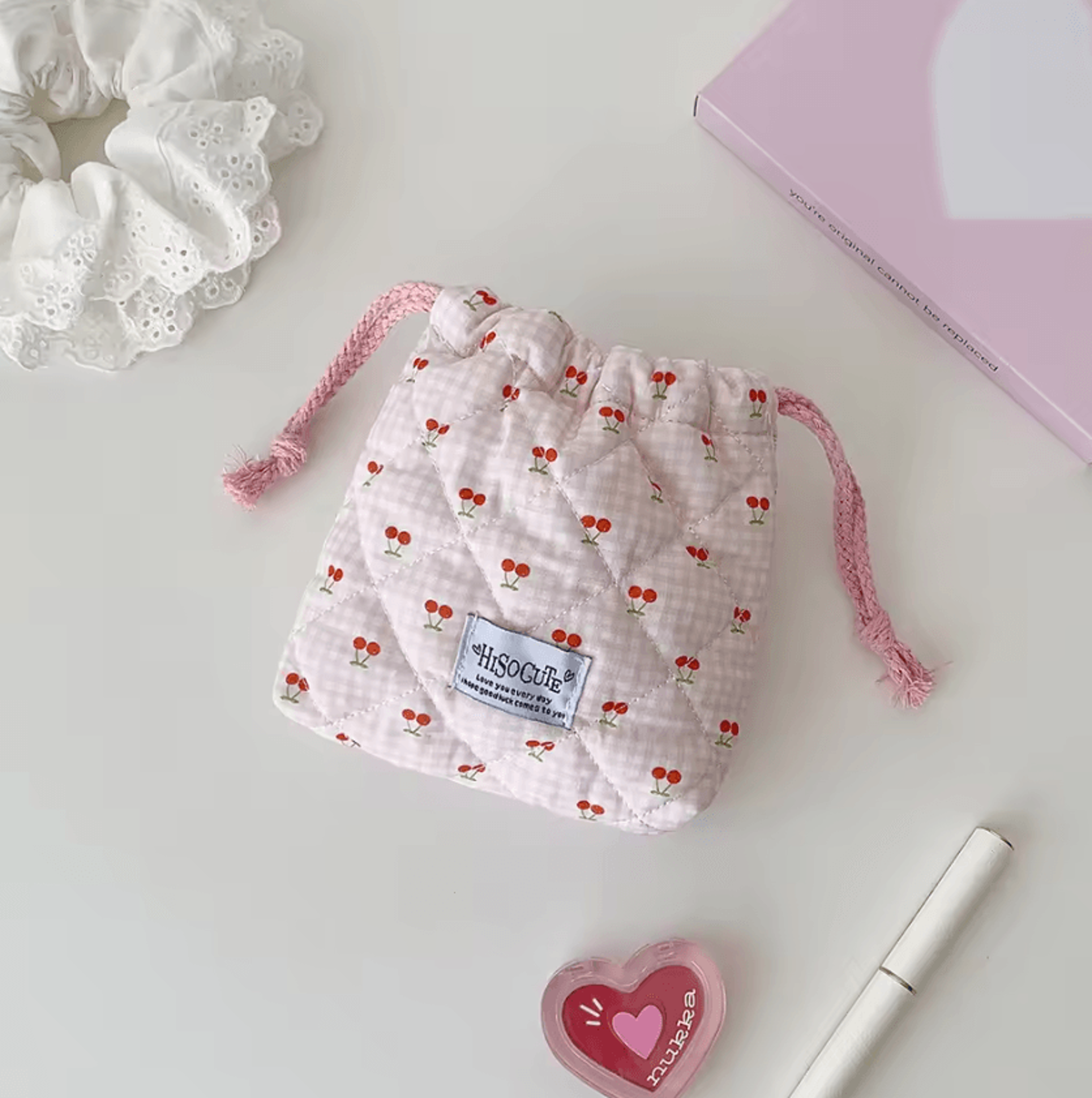 Cotton Quilted Drawstring Makeup Bag For Travel 3
