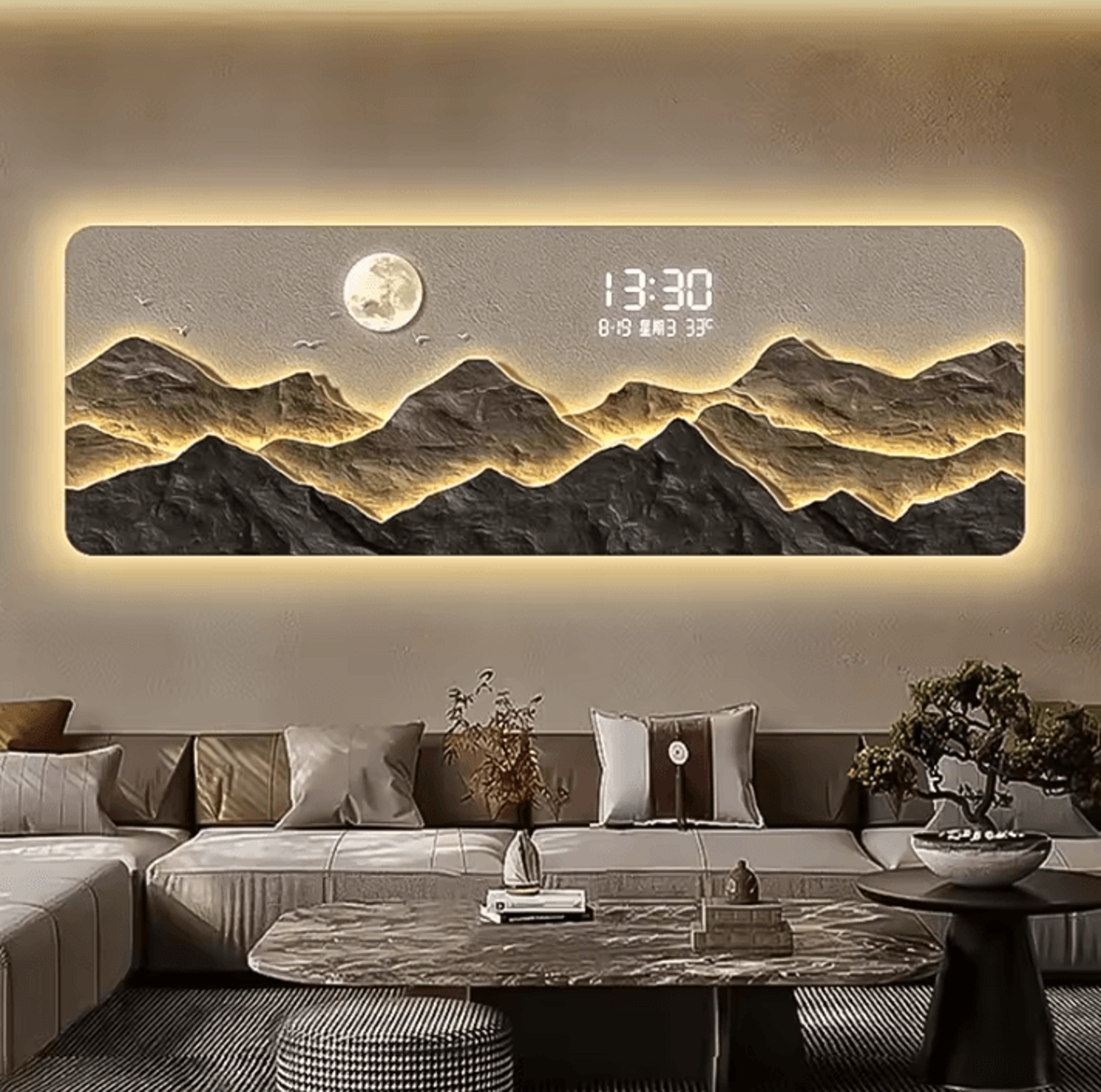 Luxury Mountain LED Wall Art With Digital Clock 1