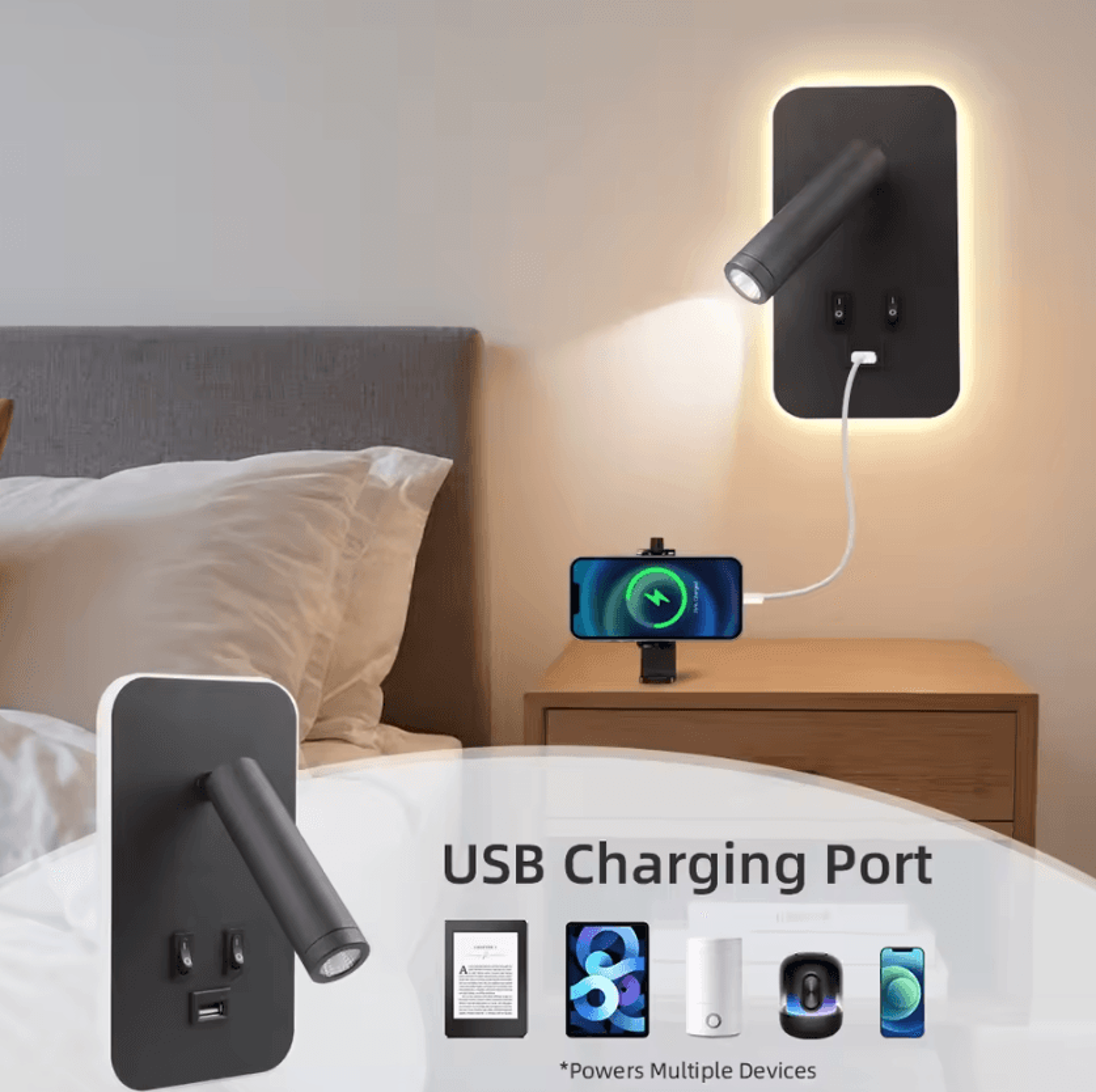 Rotatable LED Bedside Reading Wall Lamp With USB Port 0