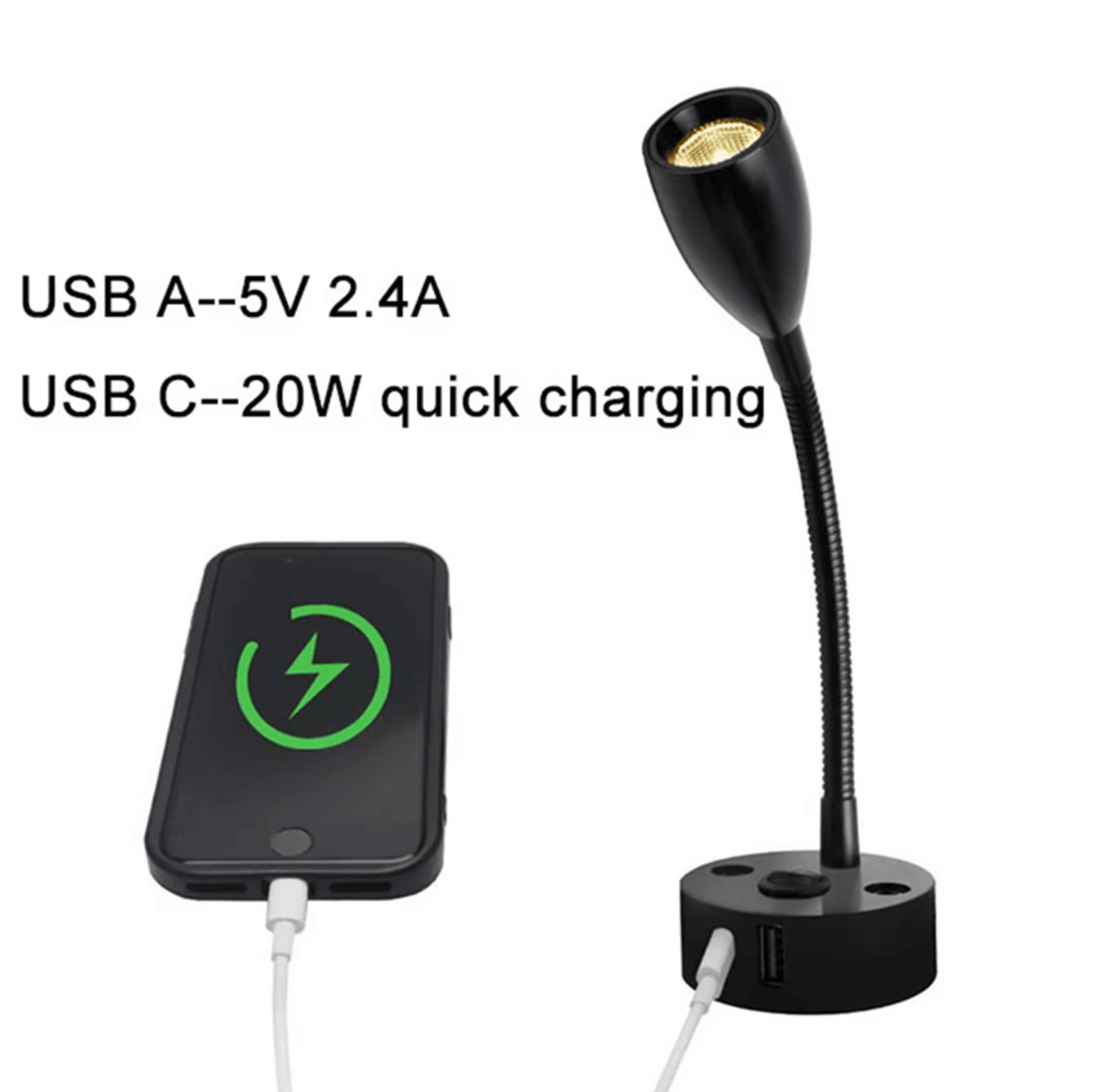 12V 24V Flexible Gooseneck RV Reading Light With USB C 1