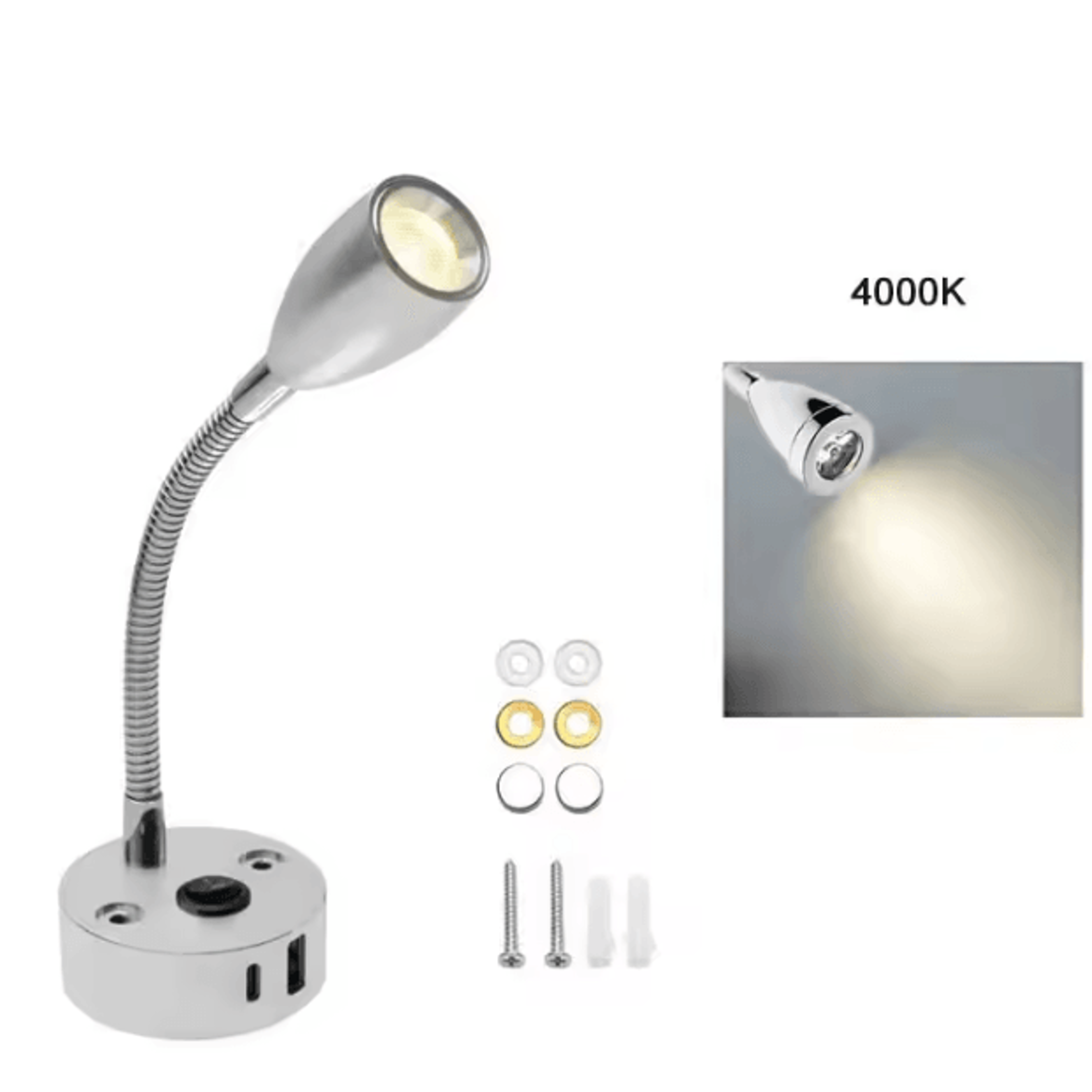 12V 24V Flexible Gooseneck RV Reading Light With USB C 5