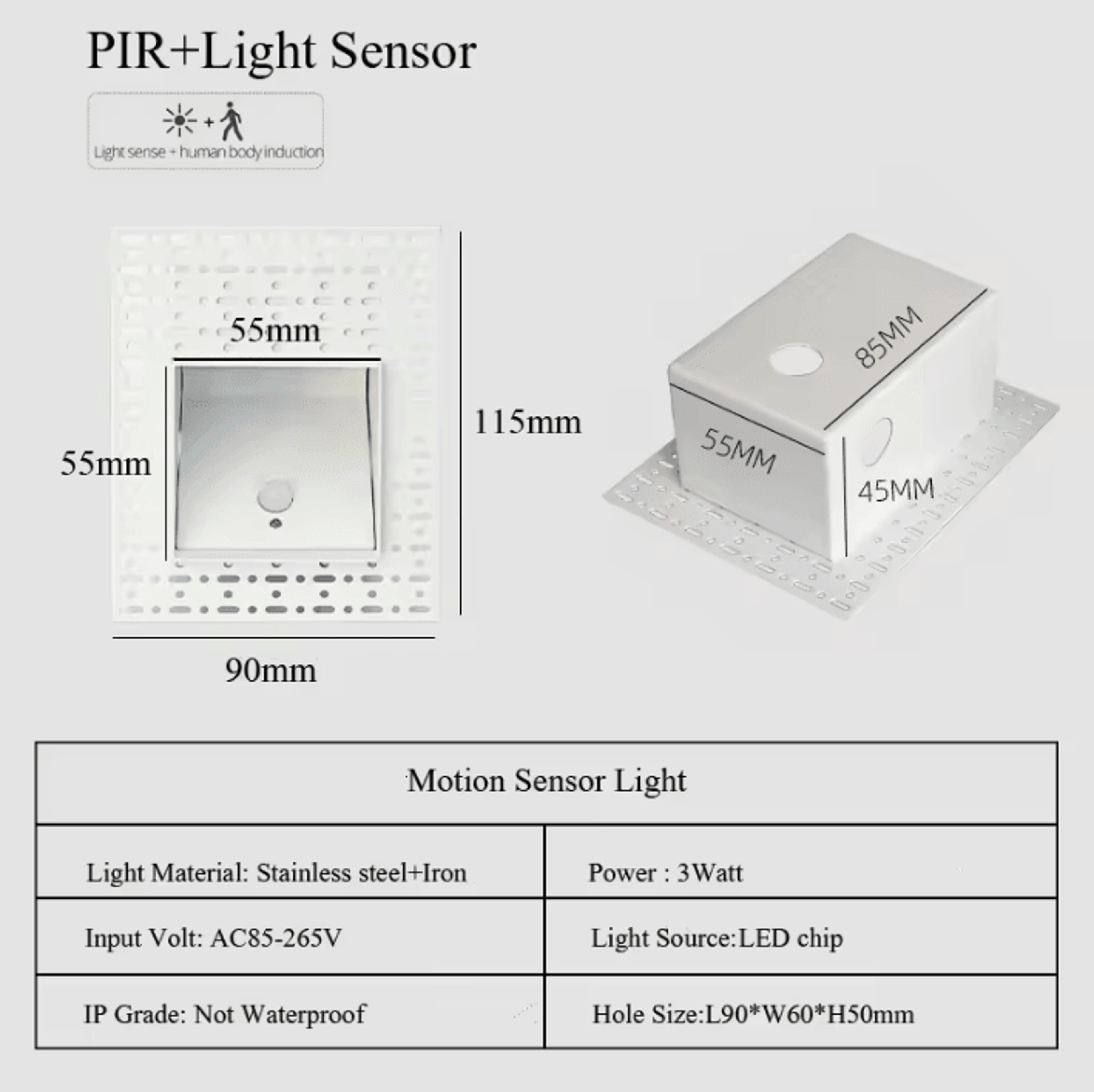 Frameless 3W Motion Sensor LED Step Light 7