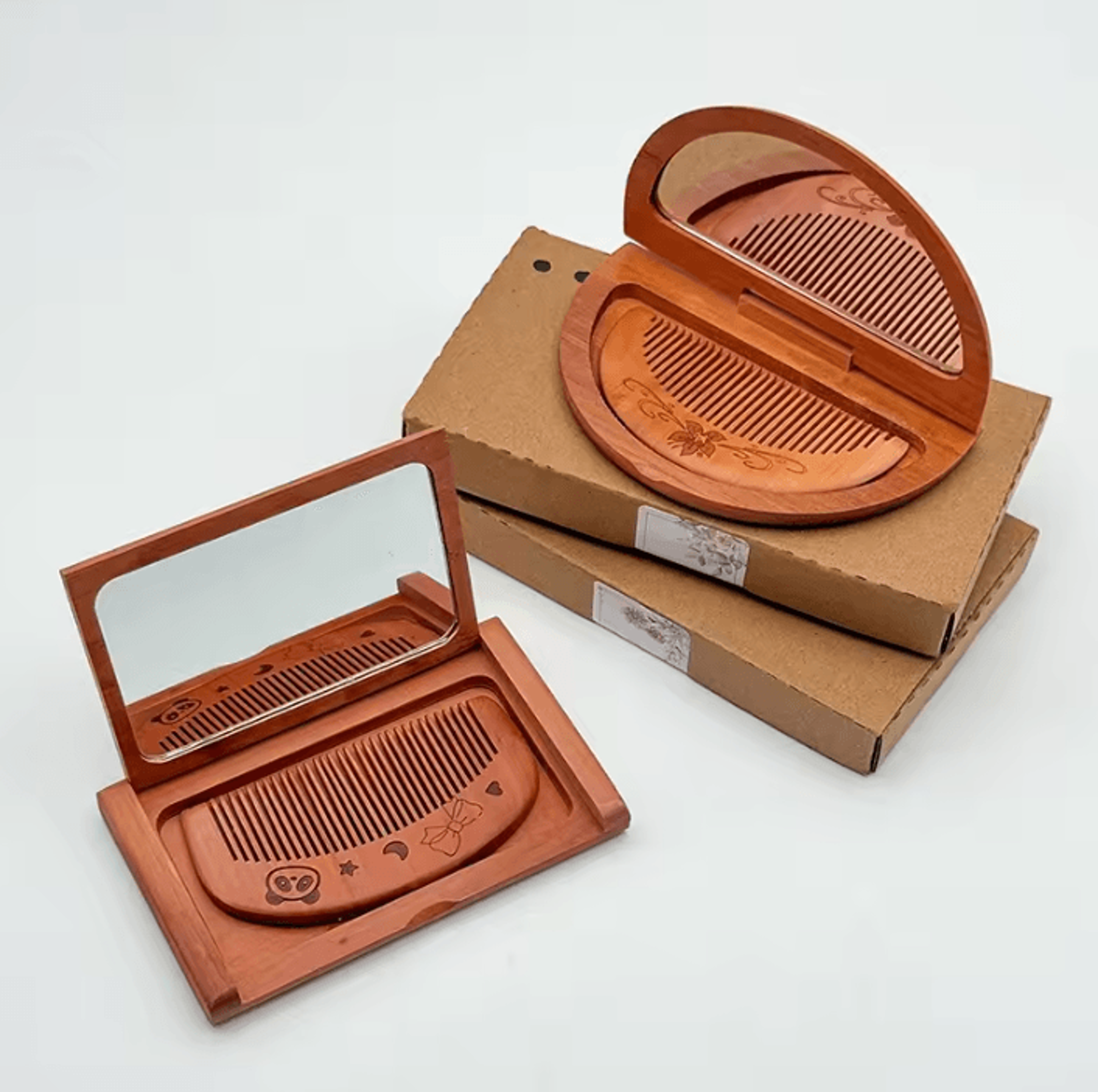 2 In 1 Peachwood Folding Comb And Mirror Set 1