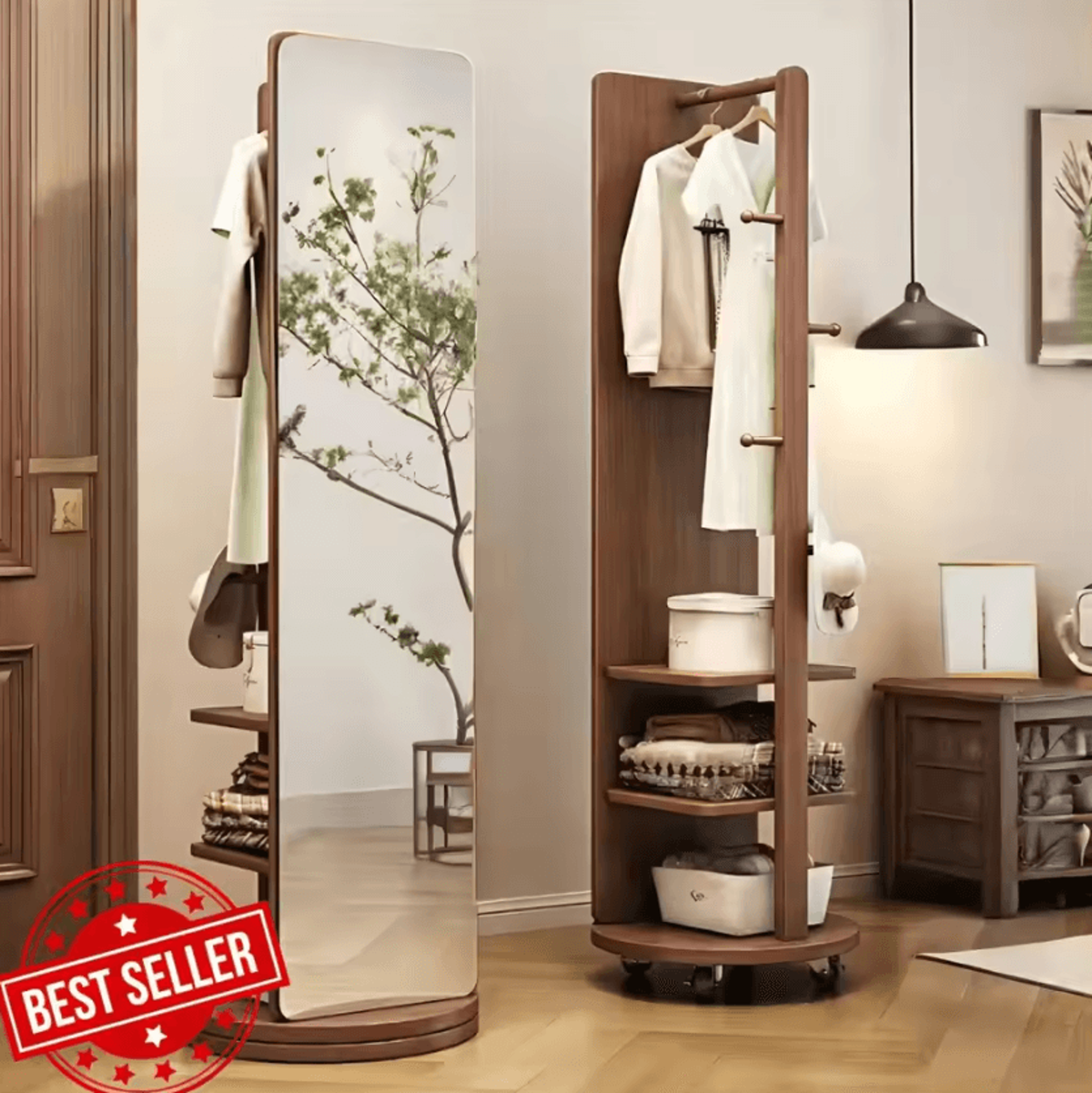 360 Degree Rotating Full Length Mirror With Coat Rack And Storage 0