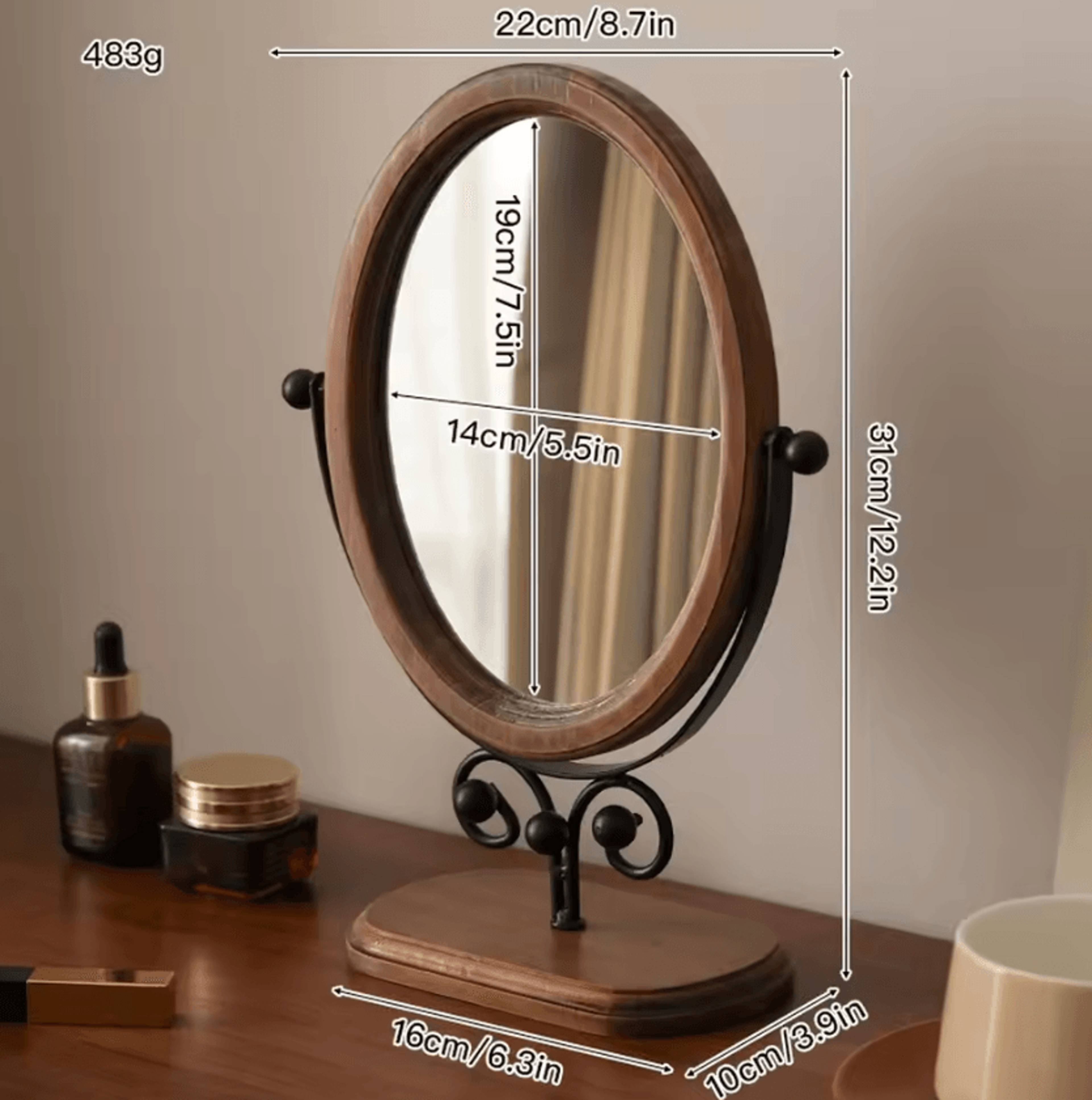 Solid Wood Oval Vanity Makeup Mirror 7
