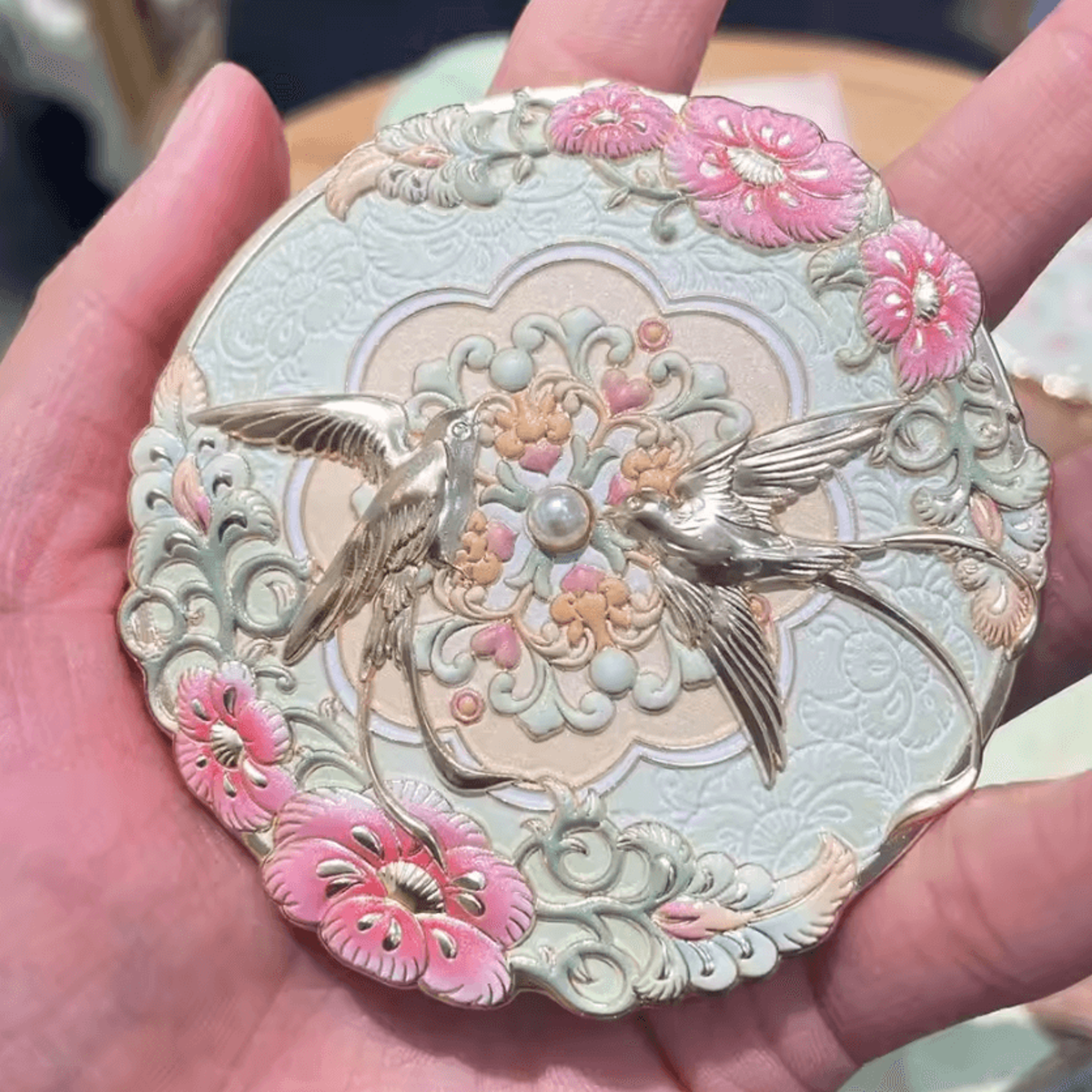 Vintage Chinese Bird And Floral Pocket Makeup Mirror 1