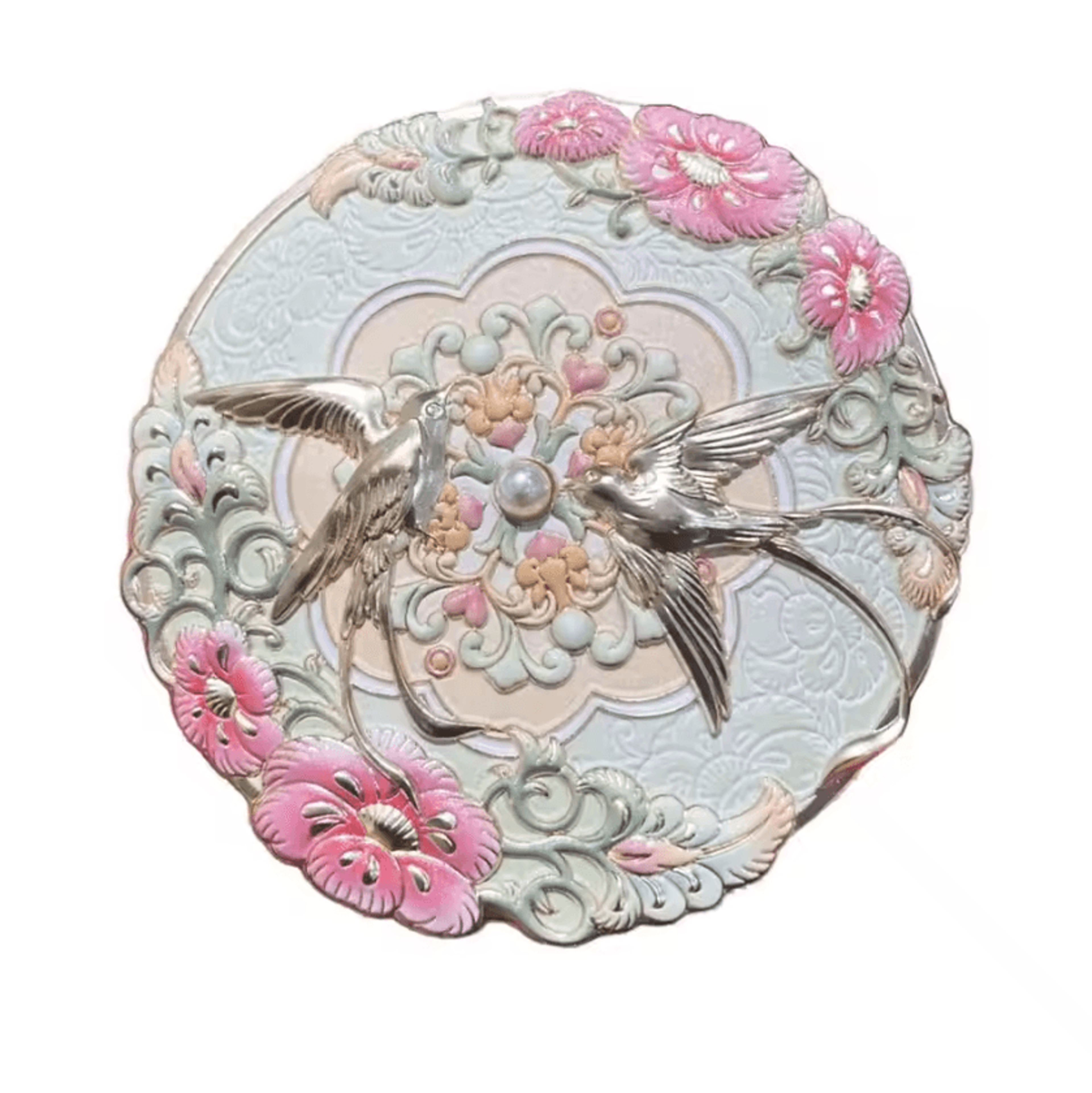 Vintage Chinese Bird And Floral Pocket Makeup Mirror 5