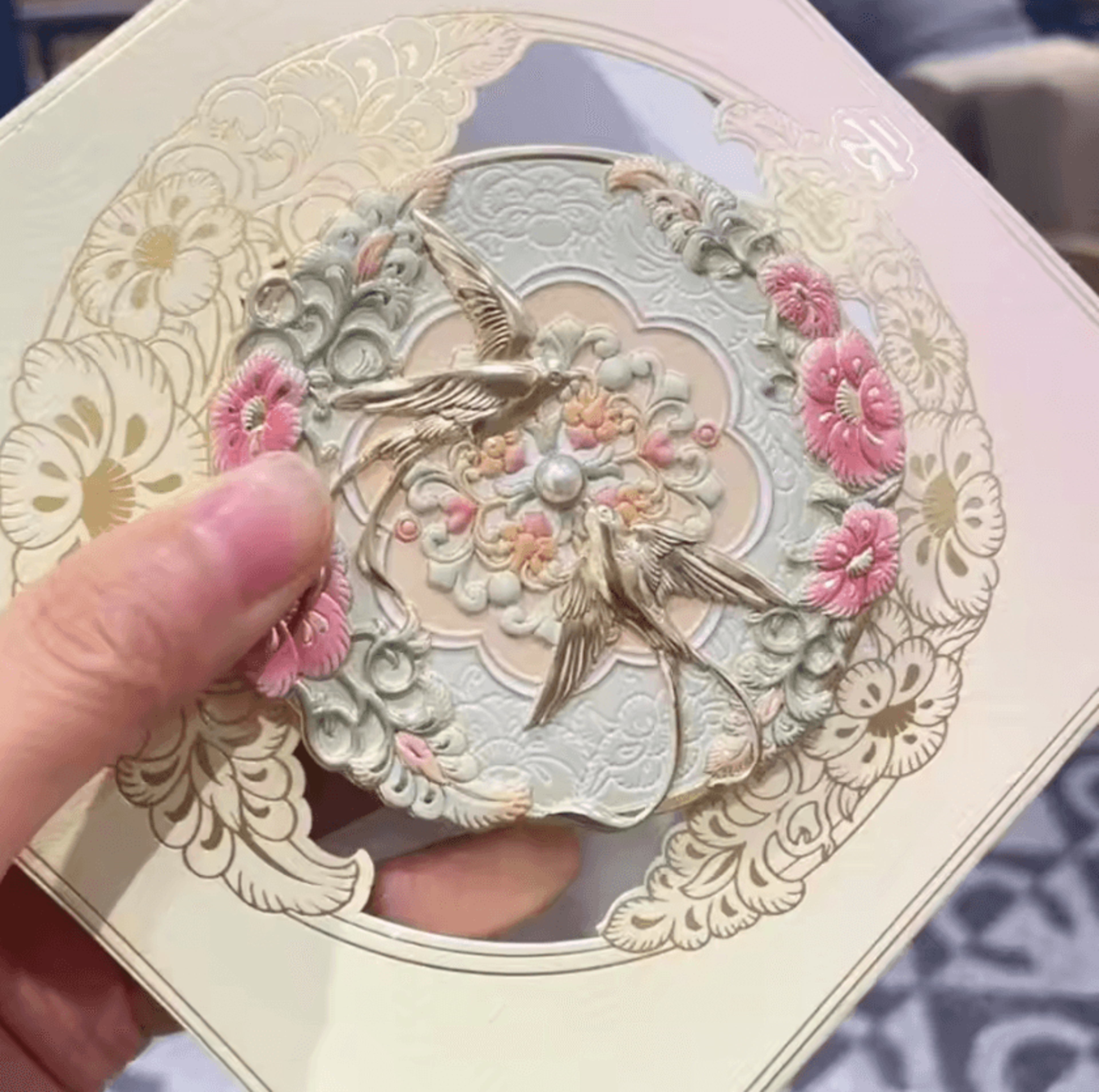 Vintage Chinese Peony Pocket Makeup Mirror 4
