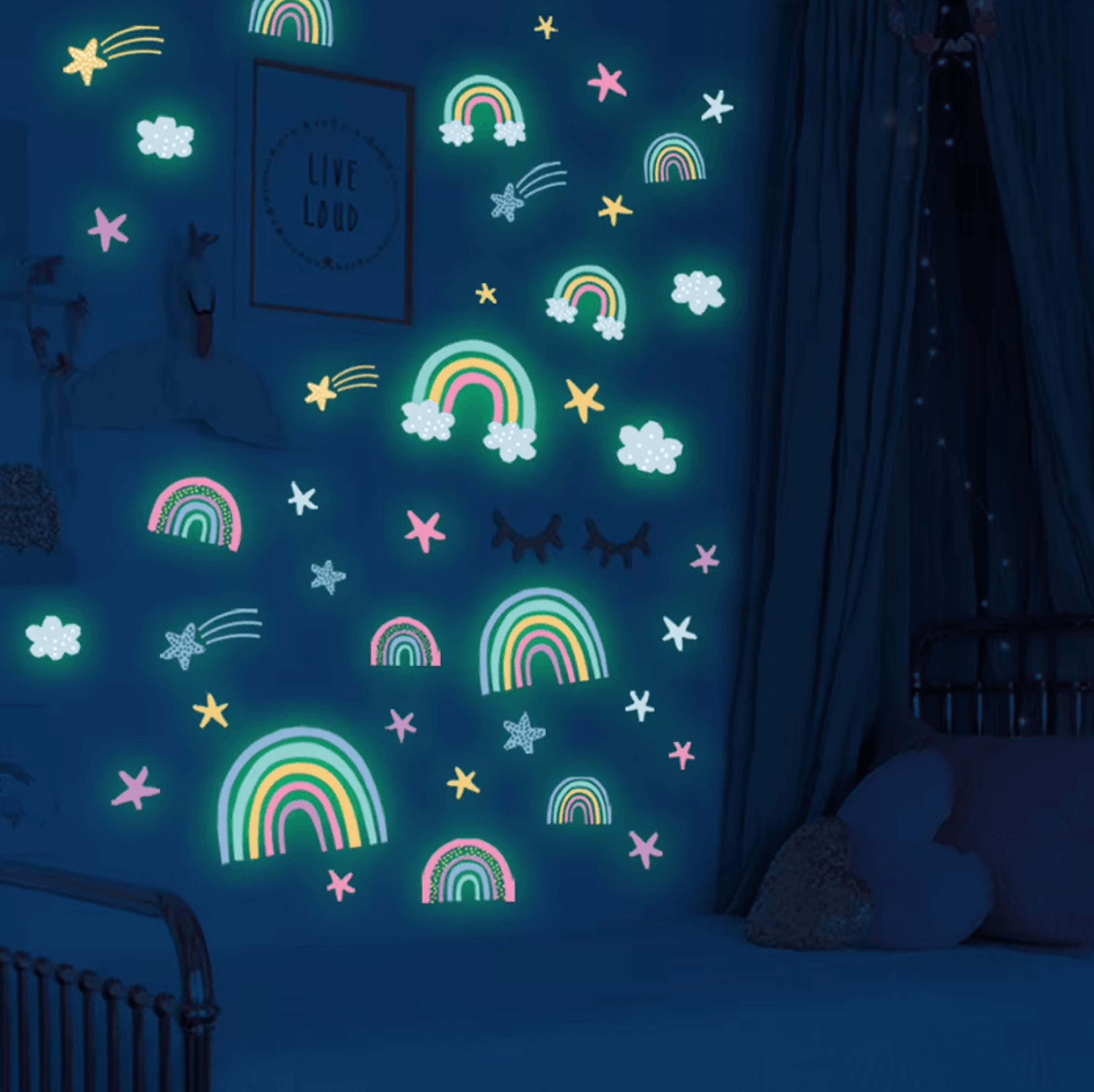 rainbow cloud and stars glow in the dark wall stickers