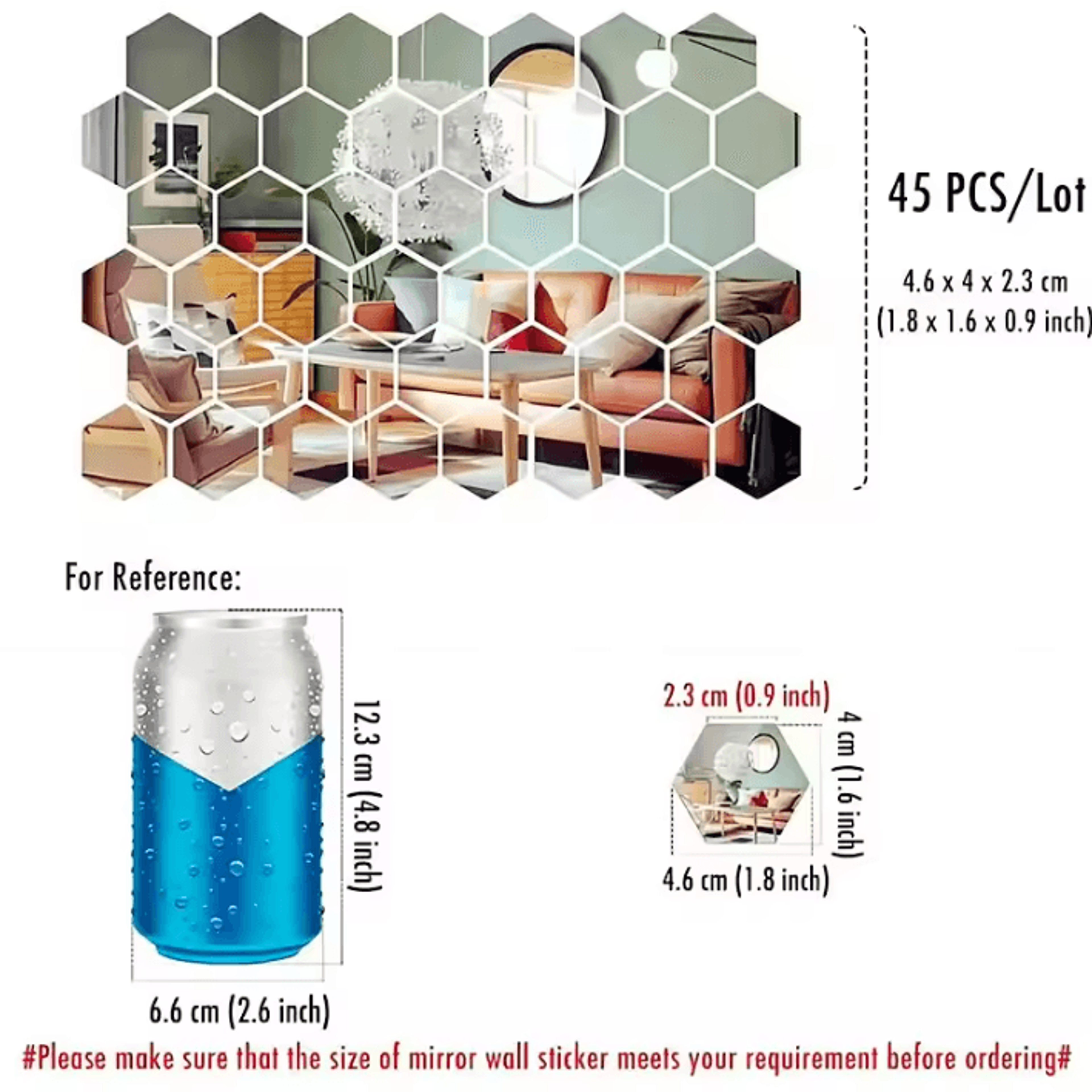 45 Piece Hexagon Mirror Wall Sticker Set 3