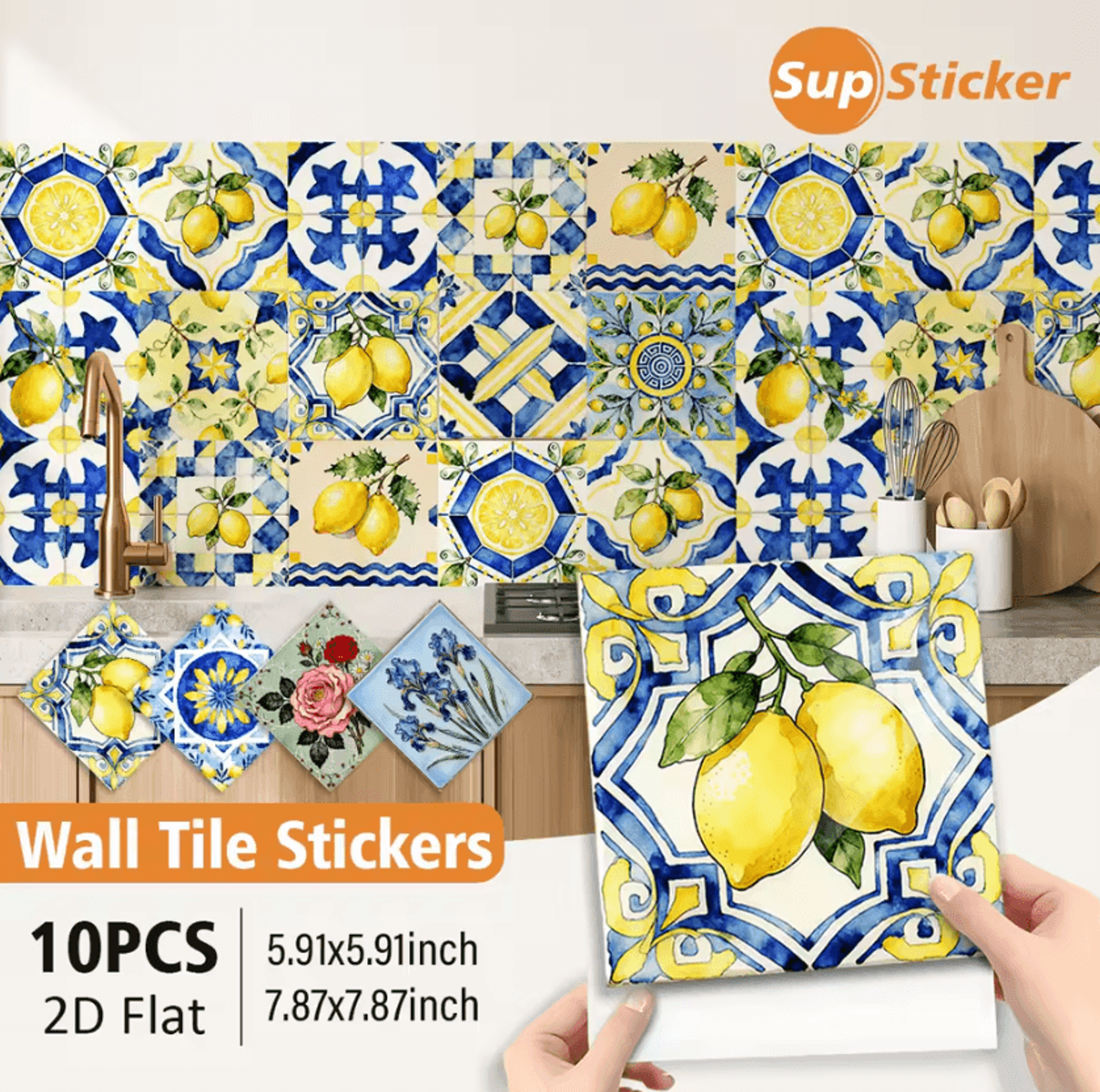 10 piece floral lemon peel and stick wall stickers waterproof pvc tile decor