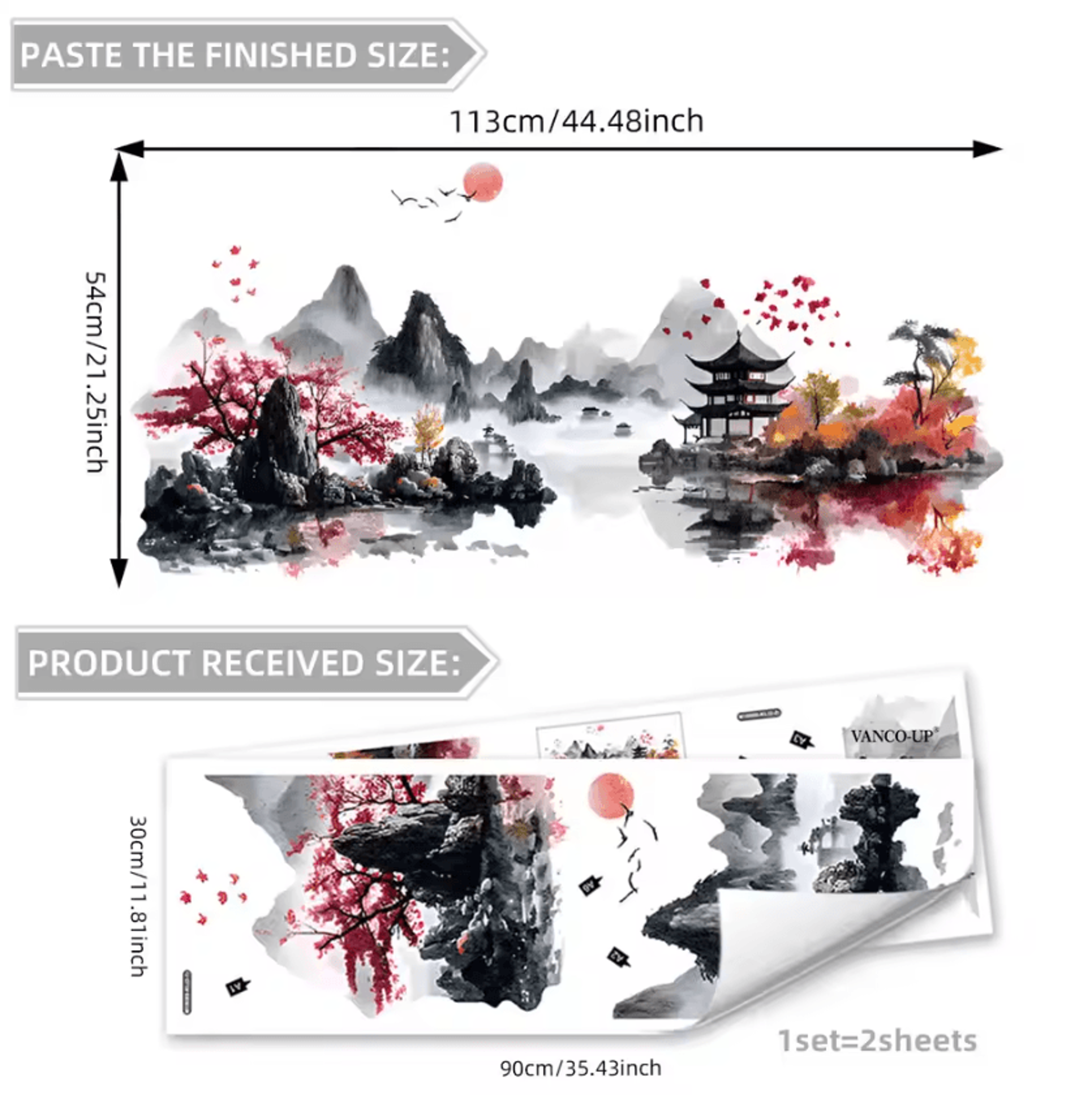 3 Piece Chinese Ink Landscape Wall Stickers 12
