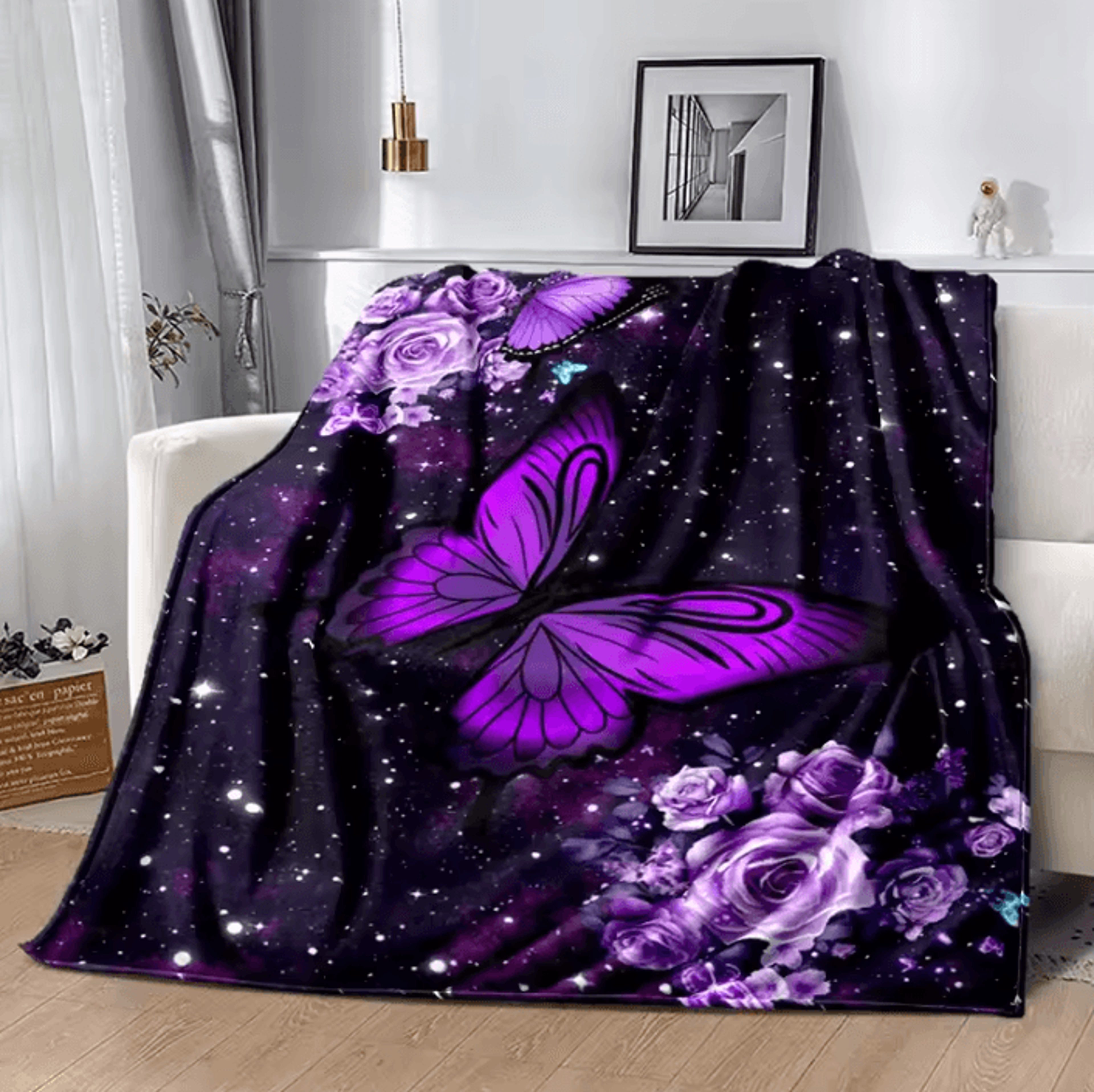 Purple Starry Butterfly Flannel Throw Blanket 4