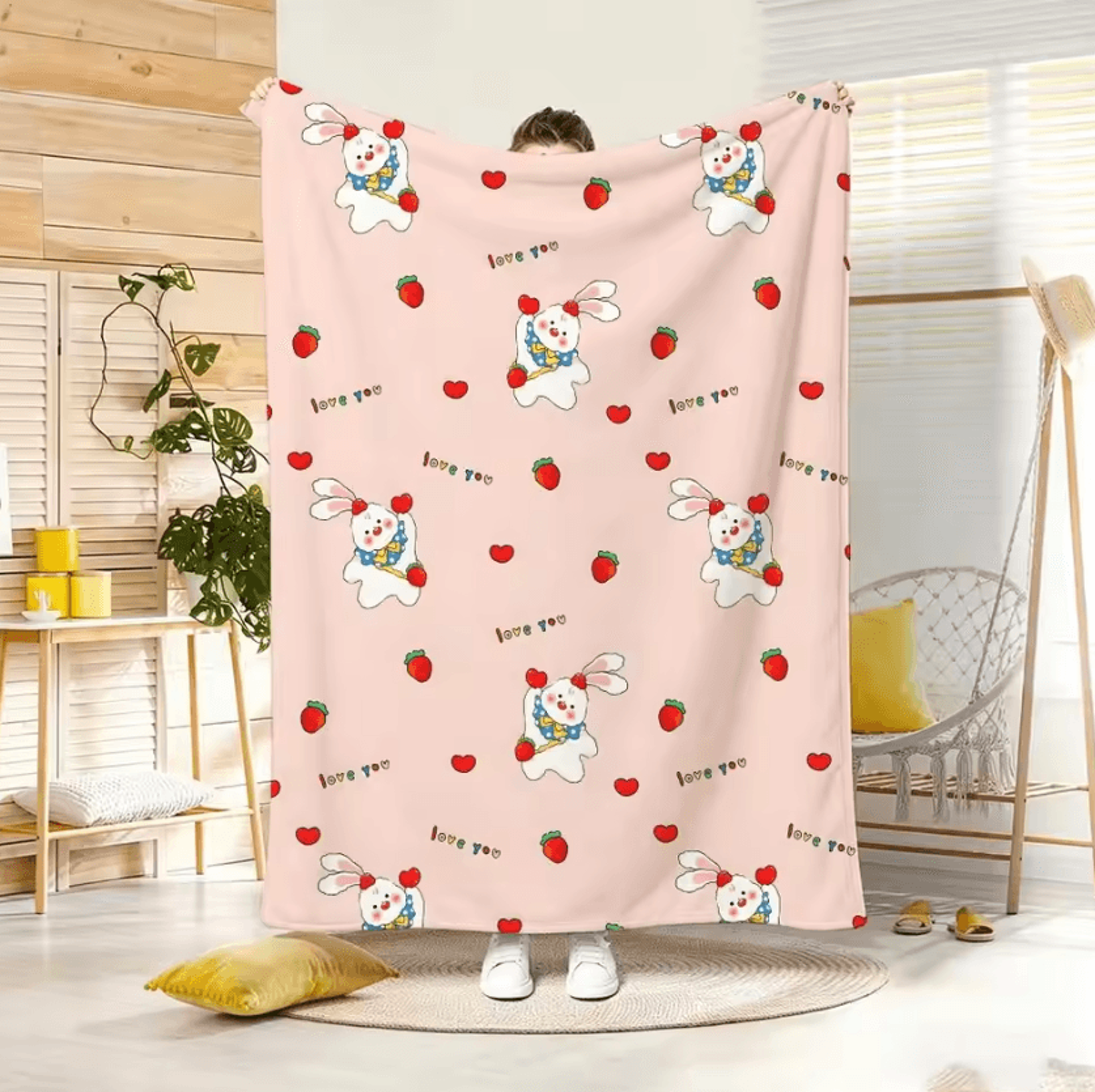 Sweetheart Pink Rabbit Lightweight Flannel Throw Blanket 4